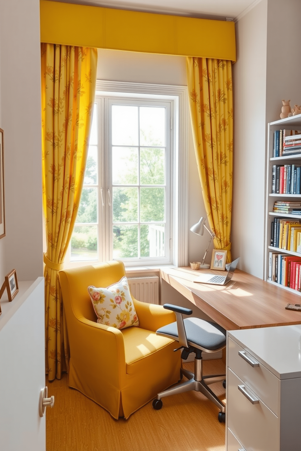 A bright and cheerful home office features yellow curtains adorned with floral patterns that frame a large window, allowing natural light to flood the space. The walls are painted a soft white, complementing a sleek, modern desk made of light wood, which is paired with a comfortable ergonomic chair. A cozy reading nook is created in one corner, with a plush armchair upholstered in a solid yellow fabric, accented by a floral throw pillow. A stylish bookshelf filled with colorful books and decorative items lines the opposite wall, adding personality and charm to the vibrant workspace.