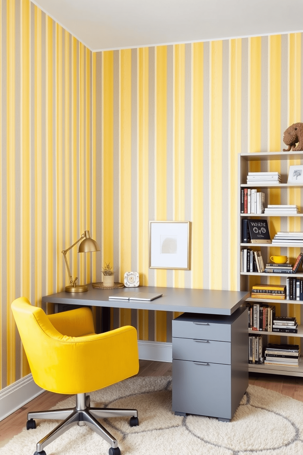 A bright and inviting home office features yellow and gray striped wallpaper that adds depth and character to the space. A sleek gray desk sits against the wall, complemented by a comfortable yellow chair and stylish shelving units filled with books and decorative items.