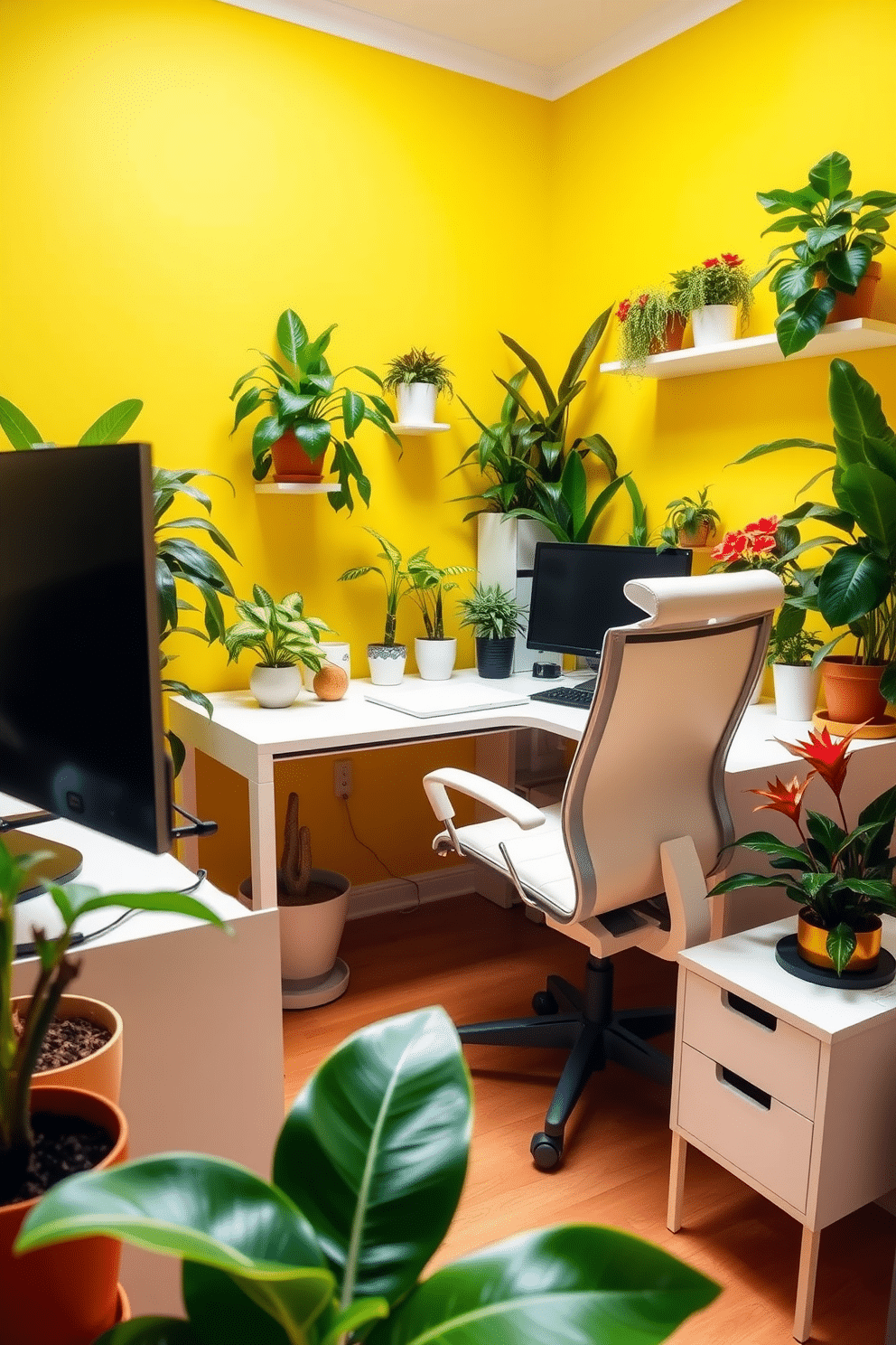 A bright yellow home office filled with lively plants creates an energizing workspace. The walls are painted a cheerful shade of yellow, complemented by a sleek white desk and ergonomic chair, while vibrant potted plants add a touch of nature and freshness to the environment.