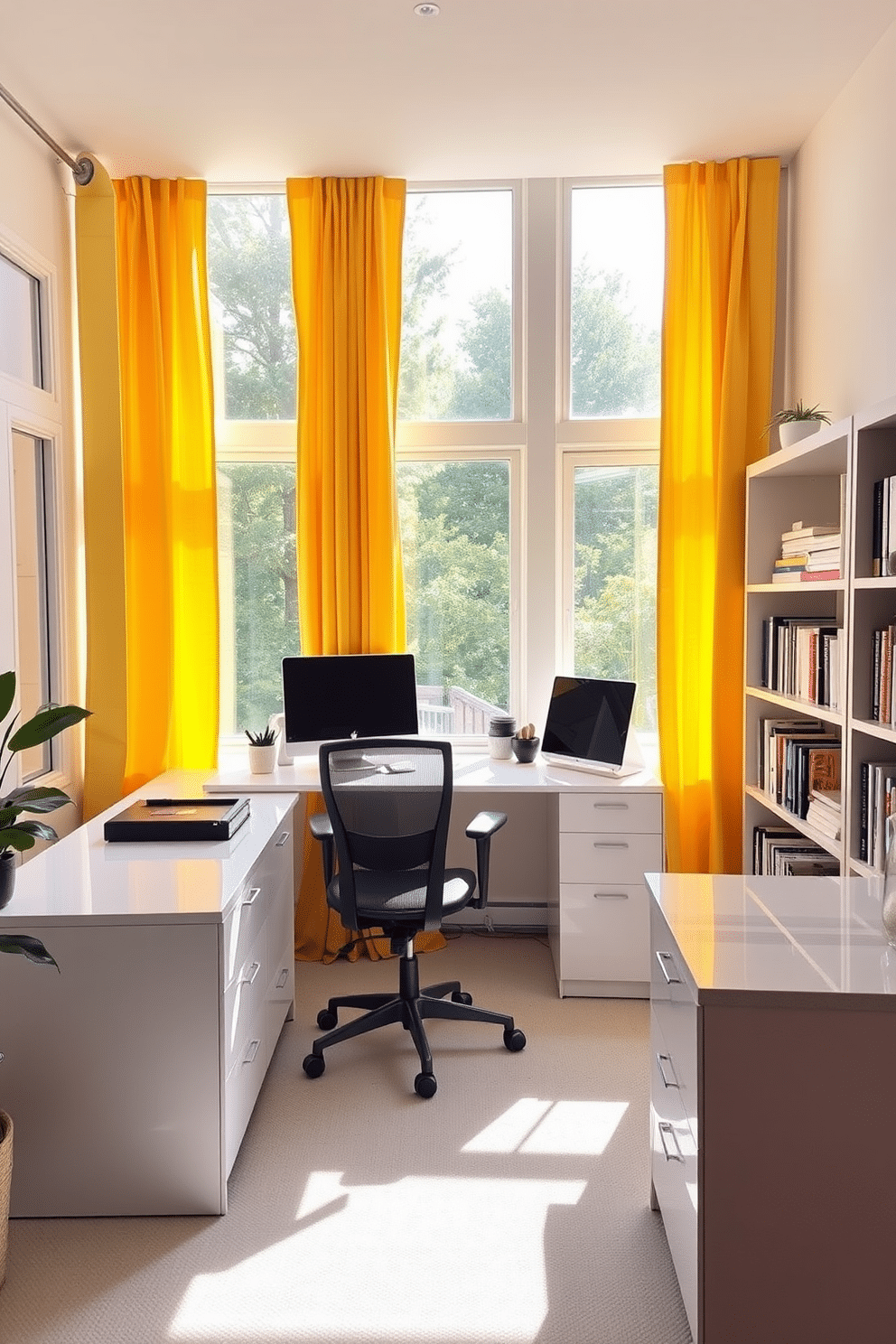 A bright and inviting home office filled with natural light. Sunshine yellow curtains frame the large windows, enhancing the cheerful ambiance of the space. The desk is a sleek white design, complemented by a comfortable ergonomic chair. A stylish bookshelf filled with books and decorative items adds personality to the room.