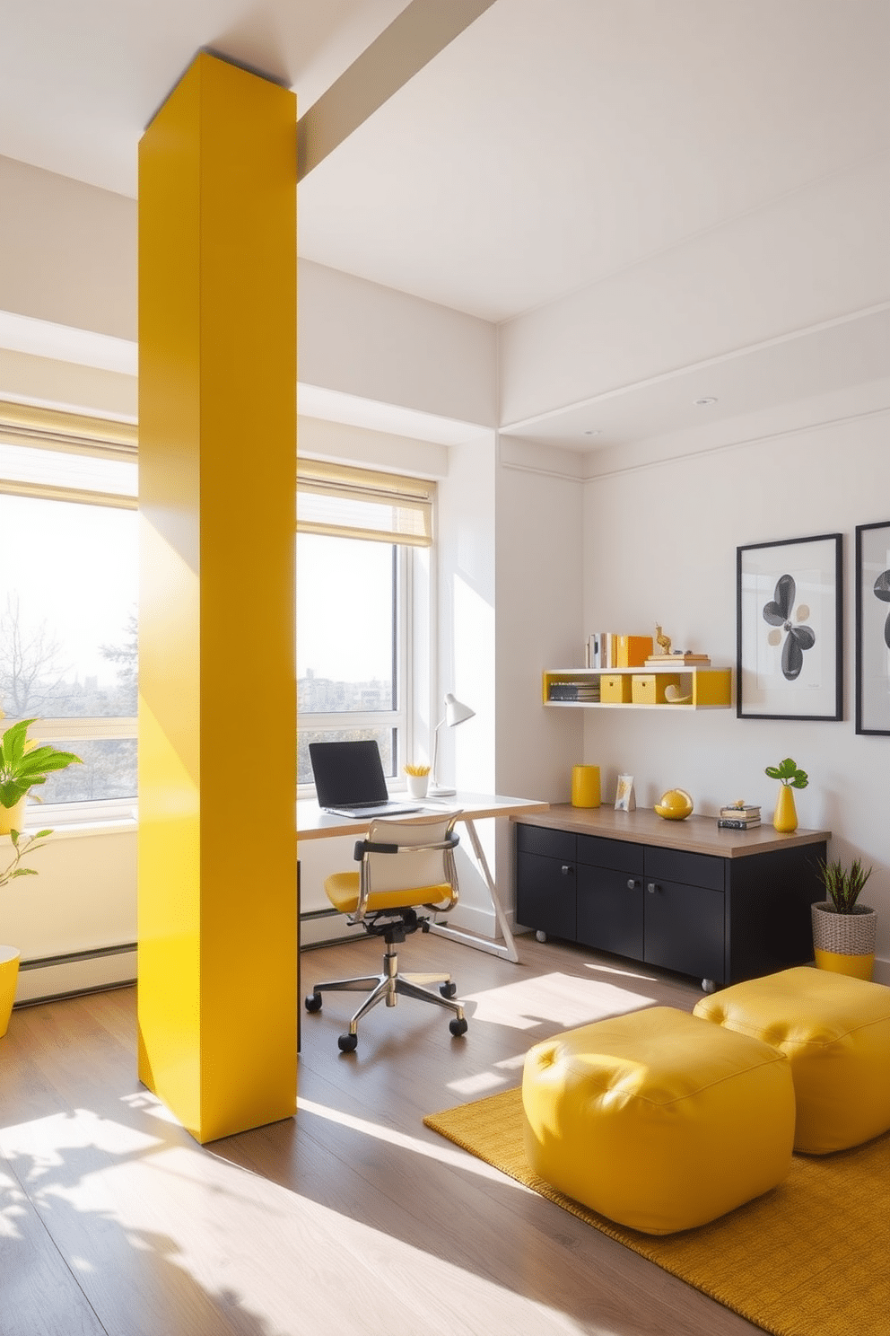 A bright yellow workspace divider stands tall in a modern home office, creating a sense of privacy and separation. The divider features a sleek, minimalist design with smooth lines, complementing the overall aesthetic of the room. The home office is adorned with cheerful yellow accents, including a stylish desk and ergonomic chair. Large windows allow natural light to flood the space, enhancing the vibrant atmosphere and making it an inspiring place to work.