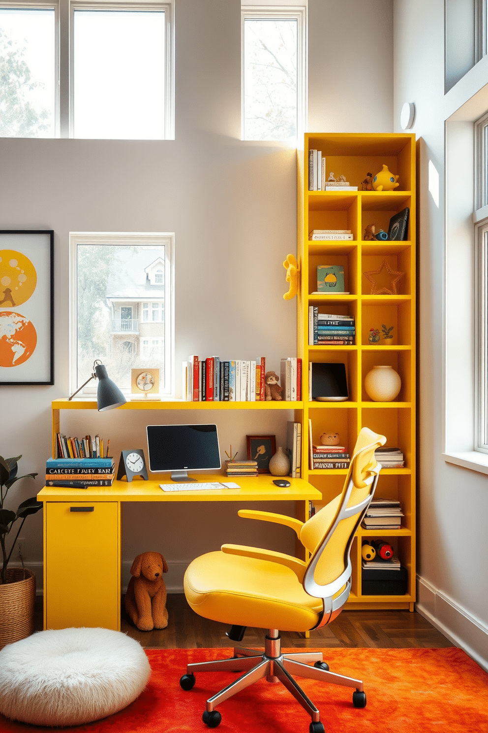 A vibrant yellow bookshelf stands against a soft gray wall, filled with an array of colorful books and decorative items. Below, a cozy reading nook features a plush armchair in a complementary shade, inviting relaxation and creativity. The home office design showcases a sleek yellow desk paired with a modern ergonomic chair, creating a cheerful yet productive workspace. Large windows allow natural light to flood the room, highlighting the playful accents and inspiring decor throughout the space.