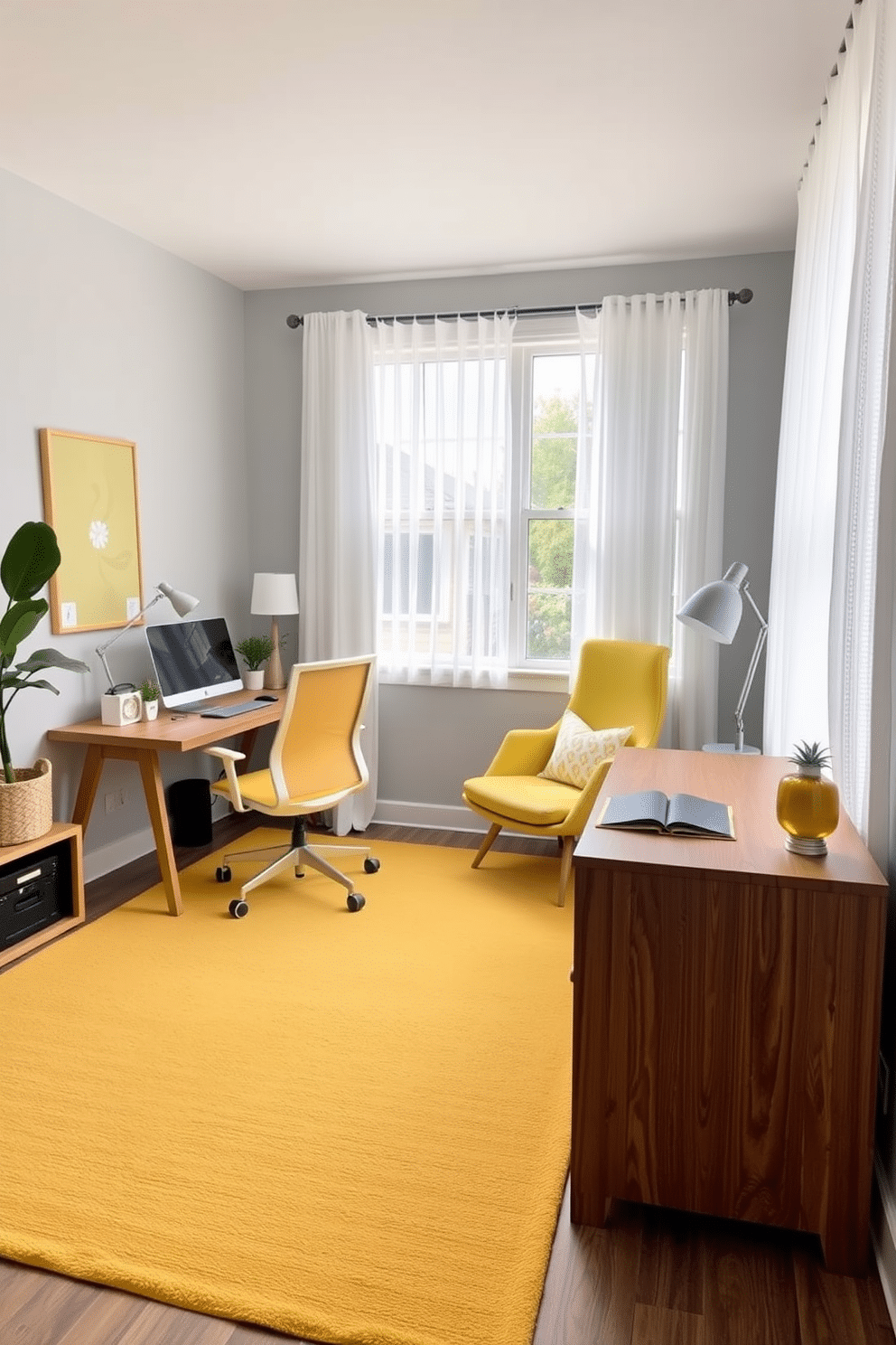 A cozy home office featuring a soft yellow rug that adds warmth and comfort to the space. The walls are painted a light gray, complementing the yellow accents in the decor and furniture. A sleek wooden desk sits against the wall, paired with an ergonomic chair upholstered in a matching yellow fabric. Natural light floods the room through large windows adorned with sheer white curtains, creating an inviting and productive atmosphere.