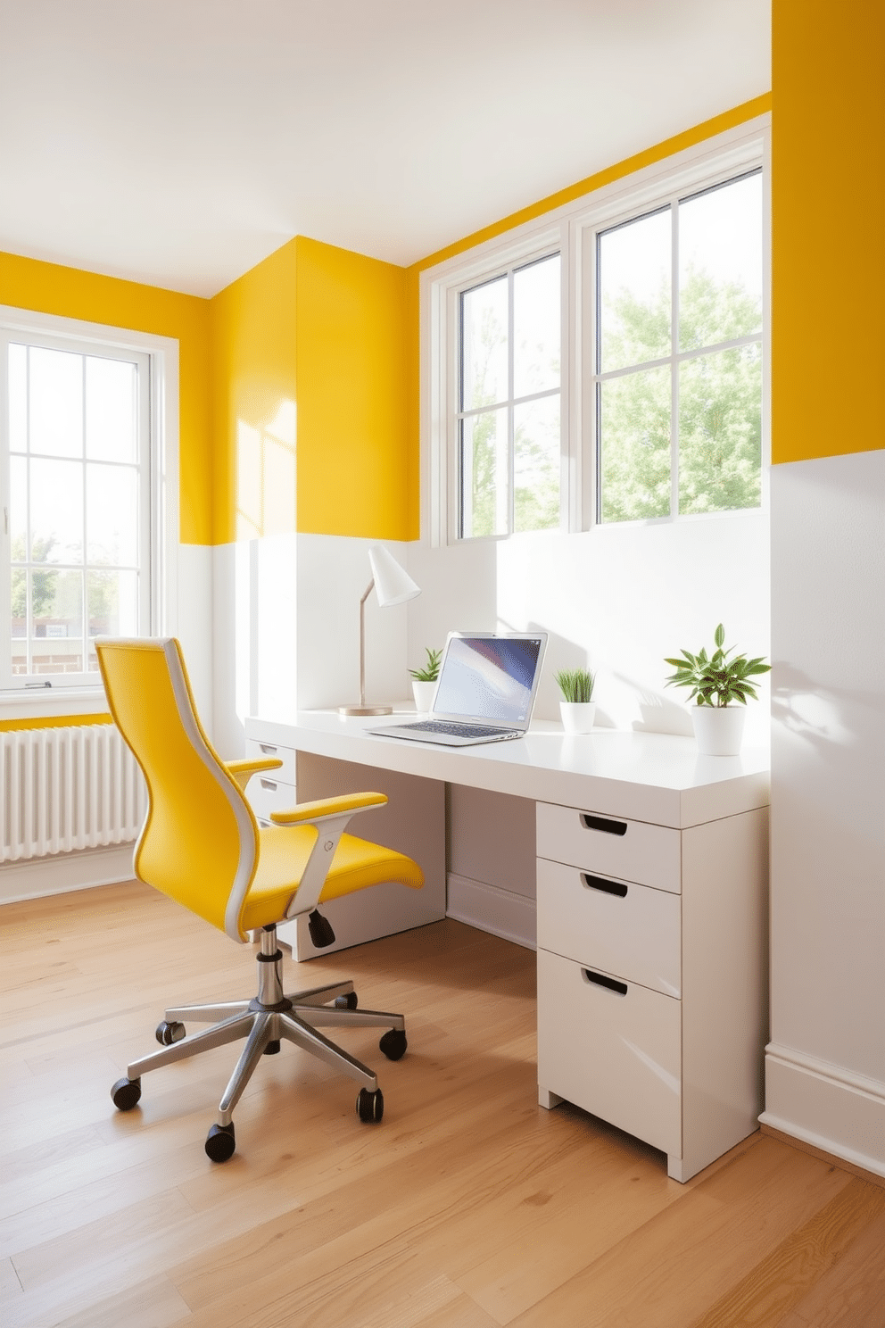 A bright and airy home office featuring yellow and white color-blocked walls that create a vibrant yet calming atmosphere. The space includes a sleek white desk paired with a comfortable yellow ergonomic chair, and large windows allow natural light to flood in. On the desk, a minimalist lamp provides focused lighting, while a few potted plants add a touch of greenery. The flooring is a light wood, complementing the cheerful color scheme and enhancing the overall warmth of the room.