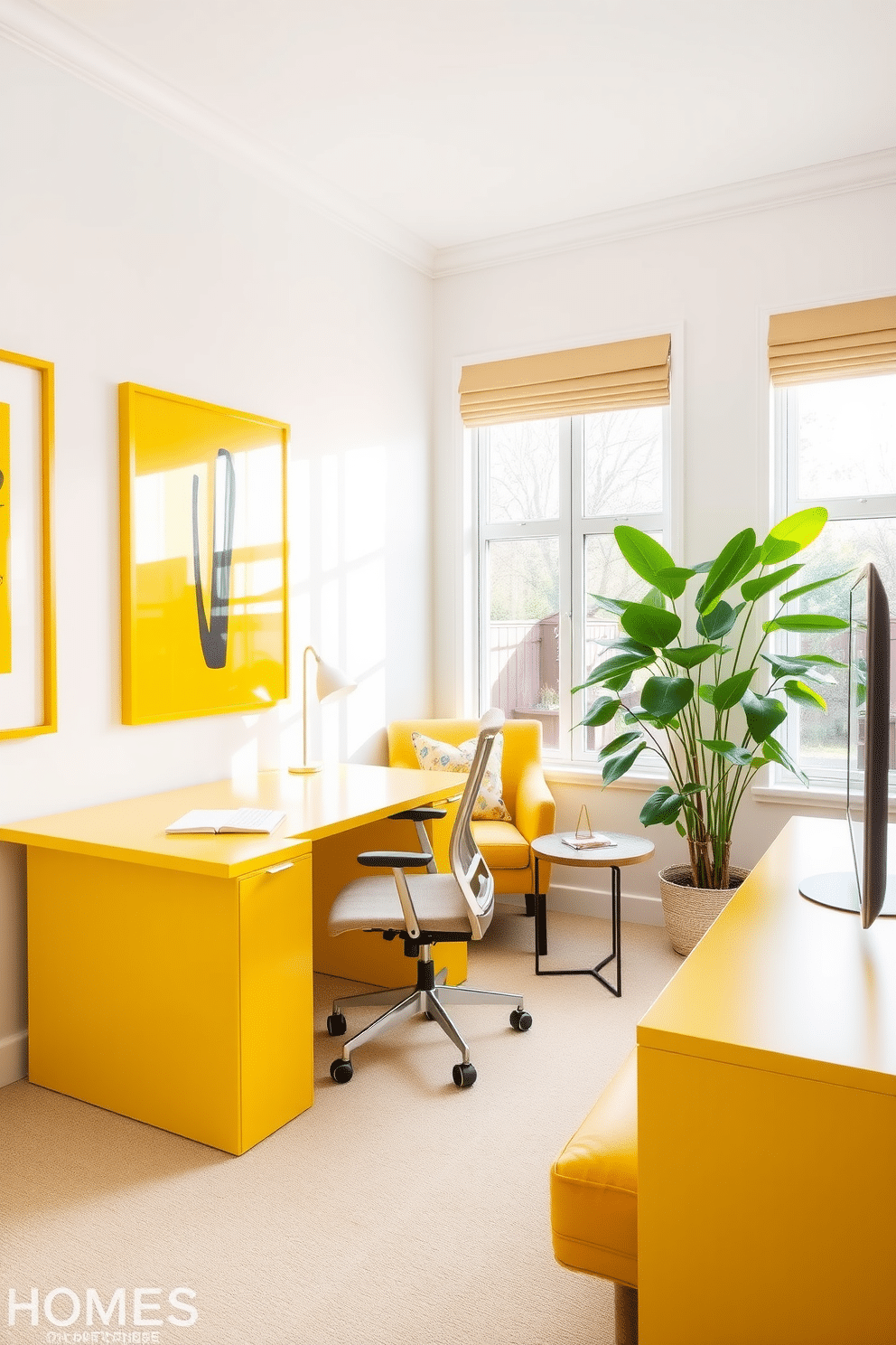 A bright and cheerful home office featuring a large yellow desk with sleek lines and a comfortable ergonomic chair. The walls are painted in a soft white, adorned with vibrant yellow framed art that adds a pop of color and inspiration to the space. Natural light floods the room through large windows, highlighting a cozy reading nook with a plush yellow armchair and a small side table. A lush green plant sits in the corner, bringing a touch of nature into this energetic and inviting workspace.