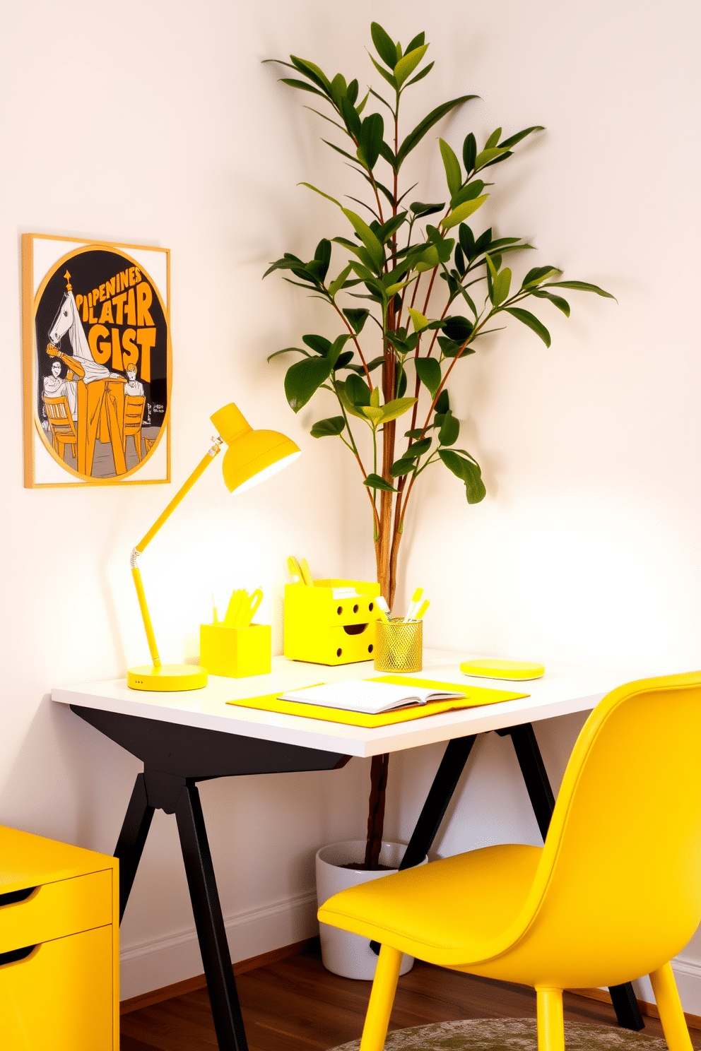 A bright and cheerful home office space featuring yellow accessories that add a playful touch. The desk is adorned with a vibrant yellow desk organizer, a matching pen holder, and a sleek yellow lamp that illuminates the workspace. The walls are painted in a soft white to create a clean backdrop, while a large potted plant in the corner adds a touch of greenery. A cozy yellow chair complements the decor, inviting creativity and productivity in this lively office environment.