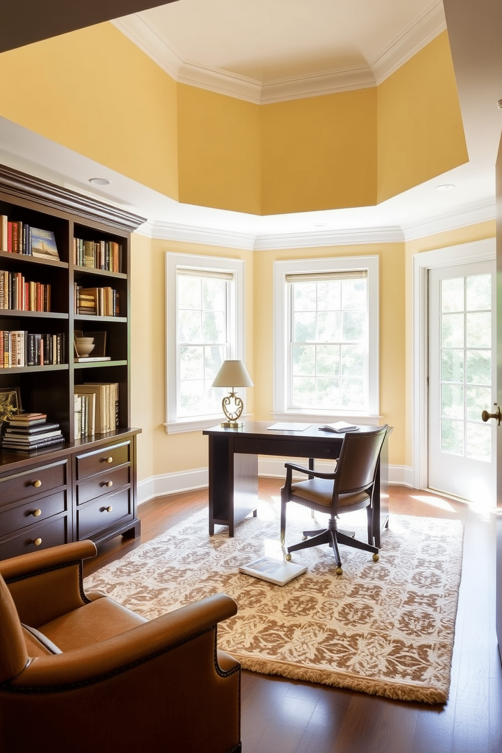 A bright and inviting home office features pale yellow walls that create a warm and cheerful atmosphere. The dark wood furniture, including a sleek desk and a comfortable chair, contrasts elegantly against the light walls, providing a sophisticated yet cozy workspace. Natural light floods the room through large windows, highlighting the rich tones of the furniture. A stylish bookshelf filled with books and decorative items complements the overall design, while a plush area rug adds texture and warmth to the space.