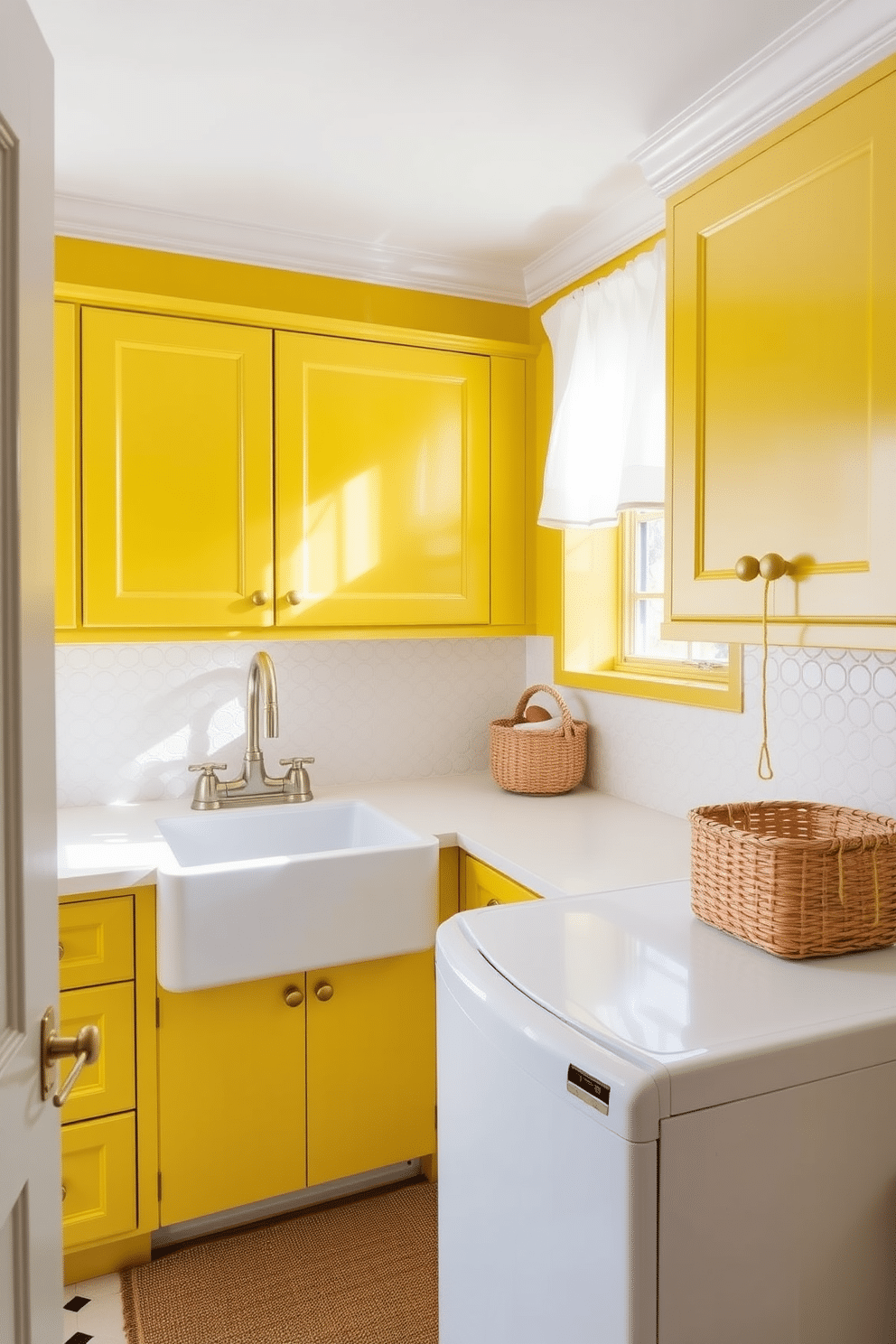 Bright yellow cabinets with white countertops create a vibrant and cheerful atmosphere in the laundry room. The space features a large farmhouse sink, complemented by stylish brass fixtures and a patterned backsplash that adds visual interest. Natural light floods the room through a window adorned with sheer white curtains, enhancing the bright color scheme. A woven basket sits on the countertop, providing a practical yet decorative touch for storing laundry essentials.