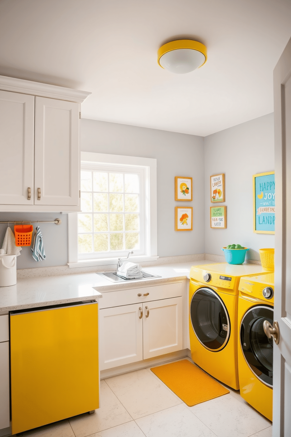 A bright and cheerful laundry room featuring vibrant yellow appliances that add a fun pop of color. The cabinets are a crisp white, providing a fresh contrast, while the walls are painted in a soft gray to enhance the lively atmosphere. The room is filled with natural light from a large window, showcasing a stylish countertop for folding clothes. Decorative elements include colorful laundry baskets and wall art that celebrate the joy of laundry day.