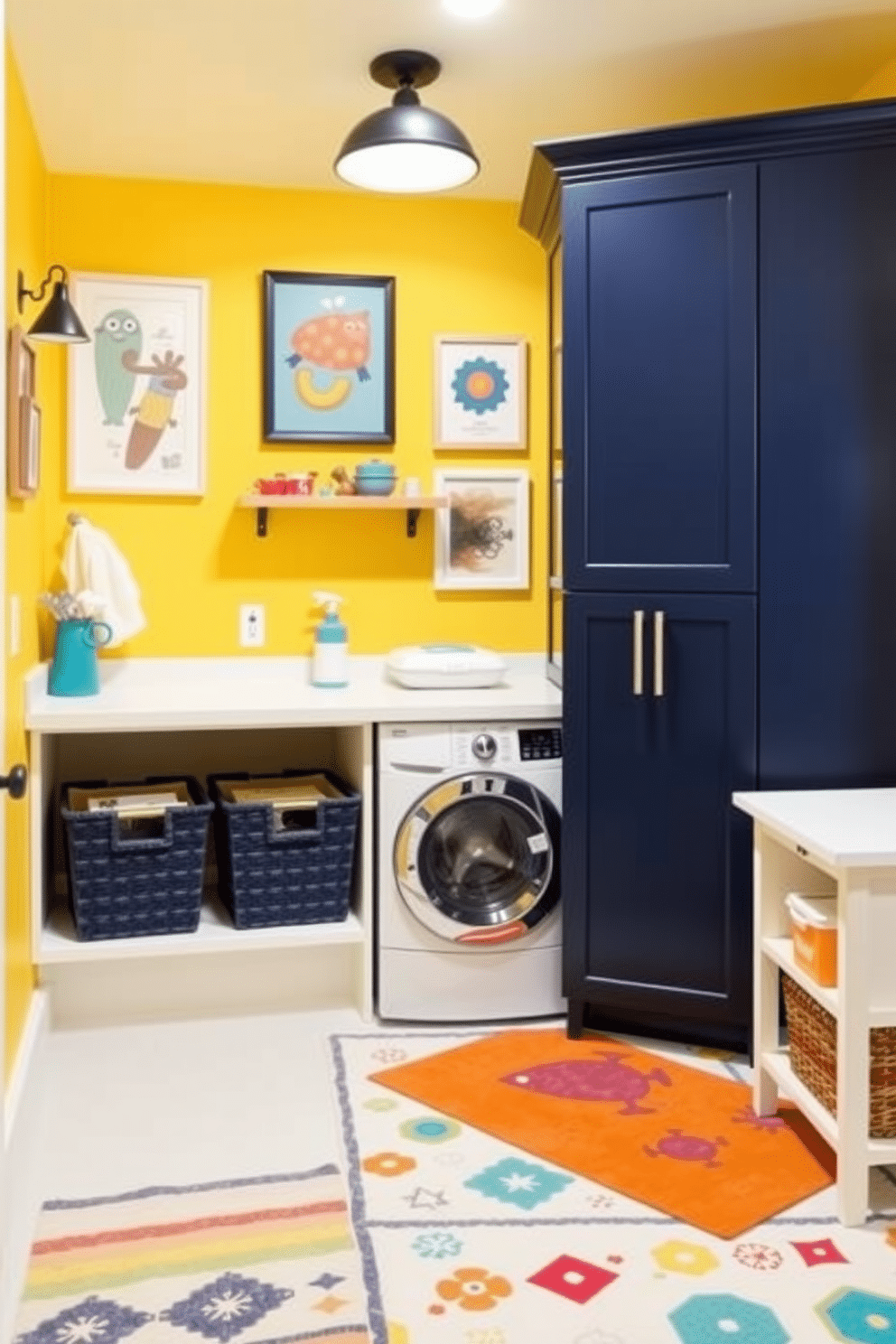 A playful laundry room featuring a vibrant yellow and navy color combination. The walls are painted a cheerful yellow, while the cabinetry showcases a rich navy blue, creating a lively contrast. A spacious countertop in white quartz provides ample space for folding laundry, complemented by stylish navy baskets for storage. Decorative elements include playful wall art and a colorful rug that ties the color scheme together, enhancing the overall fun atmosphere.