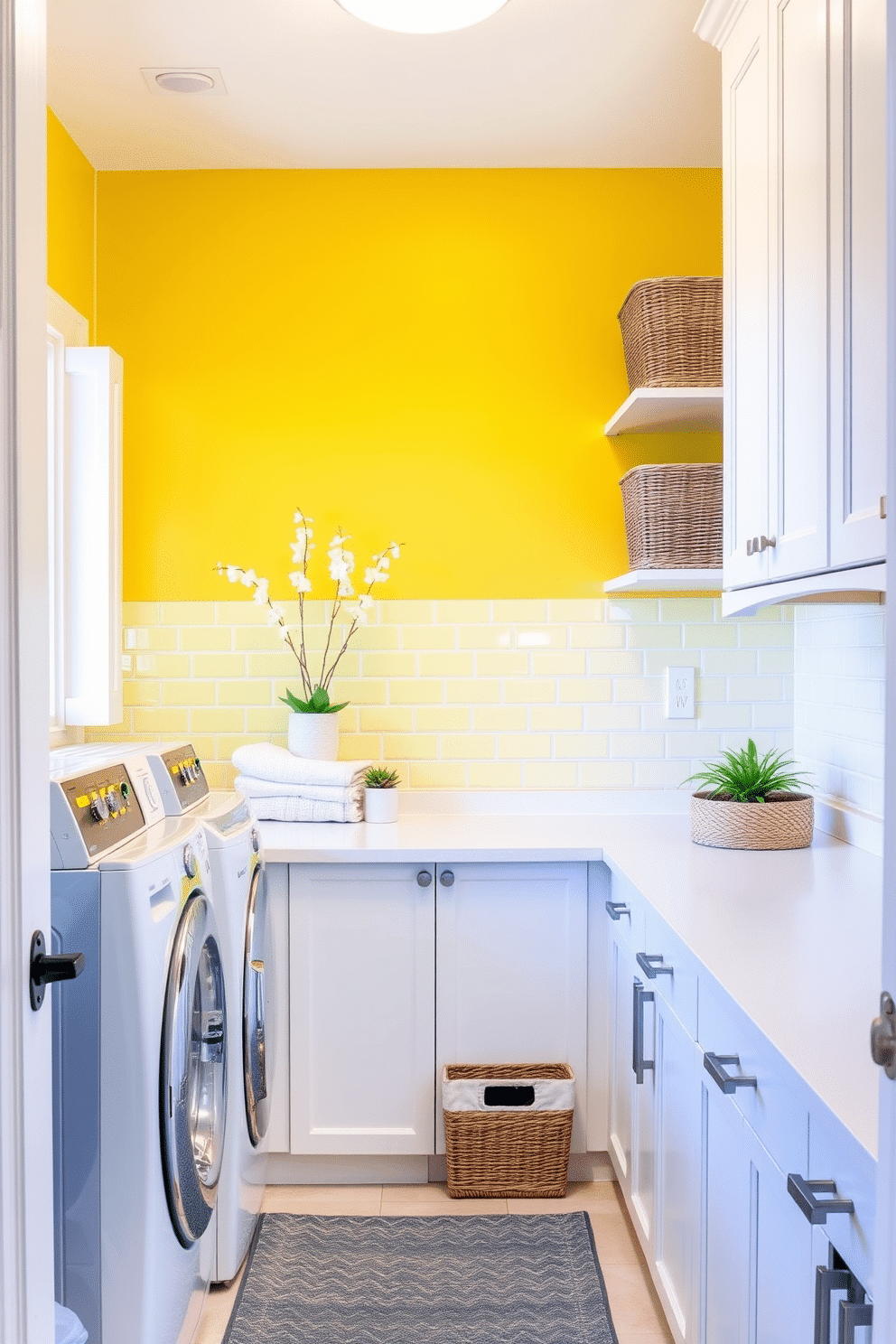 A bright and cheerful laundry room features a stunning yellow backsplash that adds a pop of color to the space. The white cabinetry provides a clean and crisp contrast, enhancing the overall light and airy feel of the room. Incorporated into the design are sleek countertops that offer ample workspace for folding laundry. Decorative elements, such as potted plants and stylish storage baskets, contribute to a warm and inviting atmosphere.