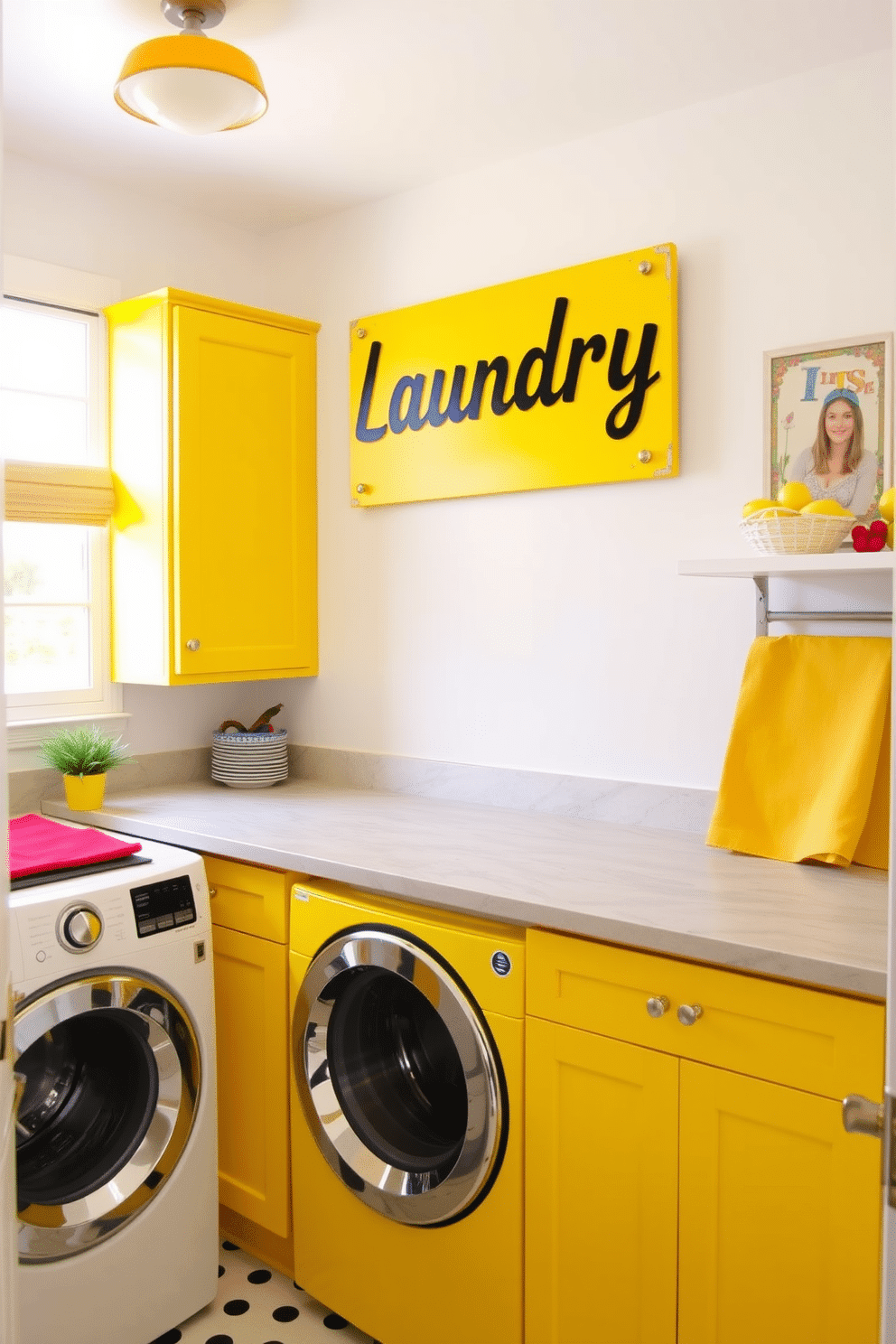 A vibrant laundry room featuring a bold yellow sign that reads 