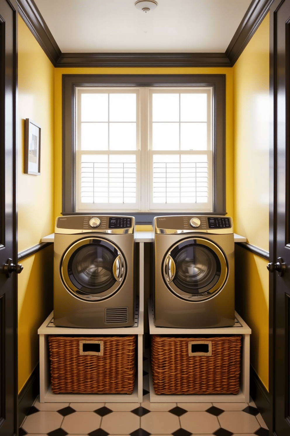 A bright and cheerful laundry room featuring light yellow walls that create a warm and inviting atmosphere. The dark trim contrasts beautifully, adding a touch of sophistication to the space. In the center, a spacious white countertop provides ample space for folding laundry, complemented by stylish storage baskets underneath. A vintage-style washing machine and dryer sit side by side, enhancing the room's overall charm.