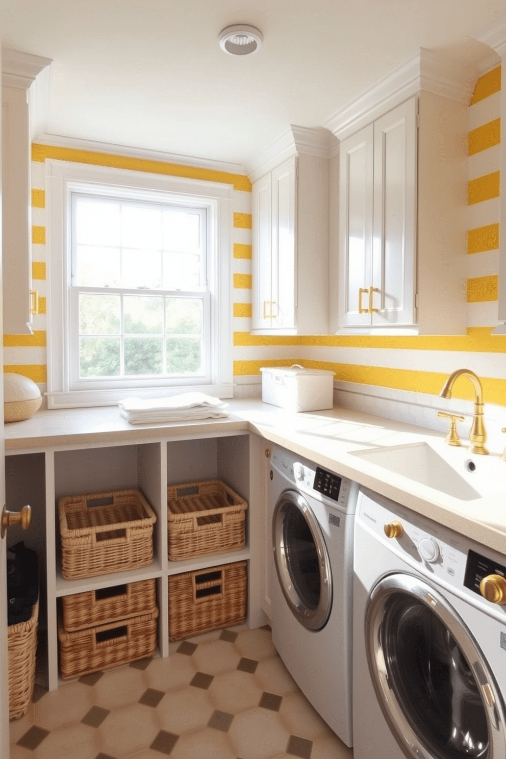 A bright and cheerful laundry room features yellow and white striped wallpaper that adds a playful touch to the space. The room includes a spacious countertop for folding clothes, with baskets neatly arranged underneath for organization. A large window allows natural light to flood in, illuminating the room and creating a warm atmosphere. Complementing the wallpaper, white cabinetry provides ample storage while a stylish sink with gold fixtures adds a touch of elegance.