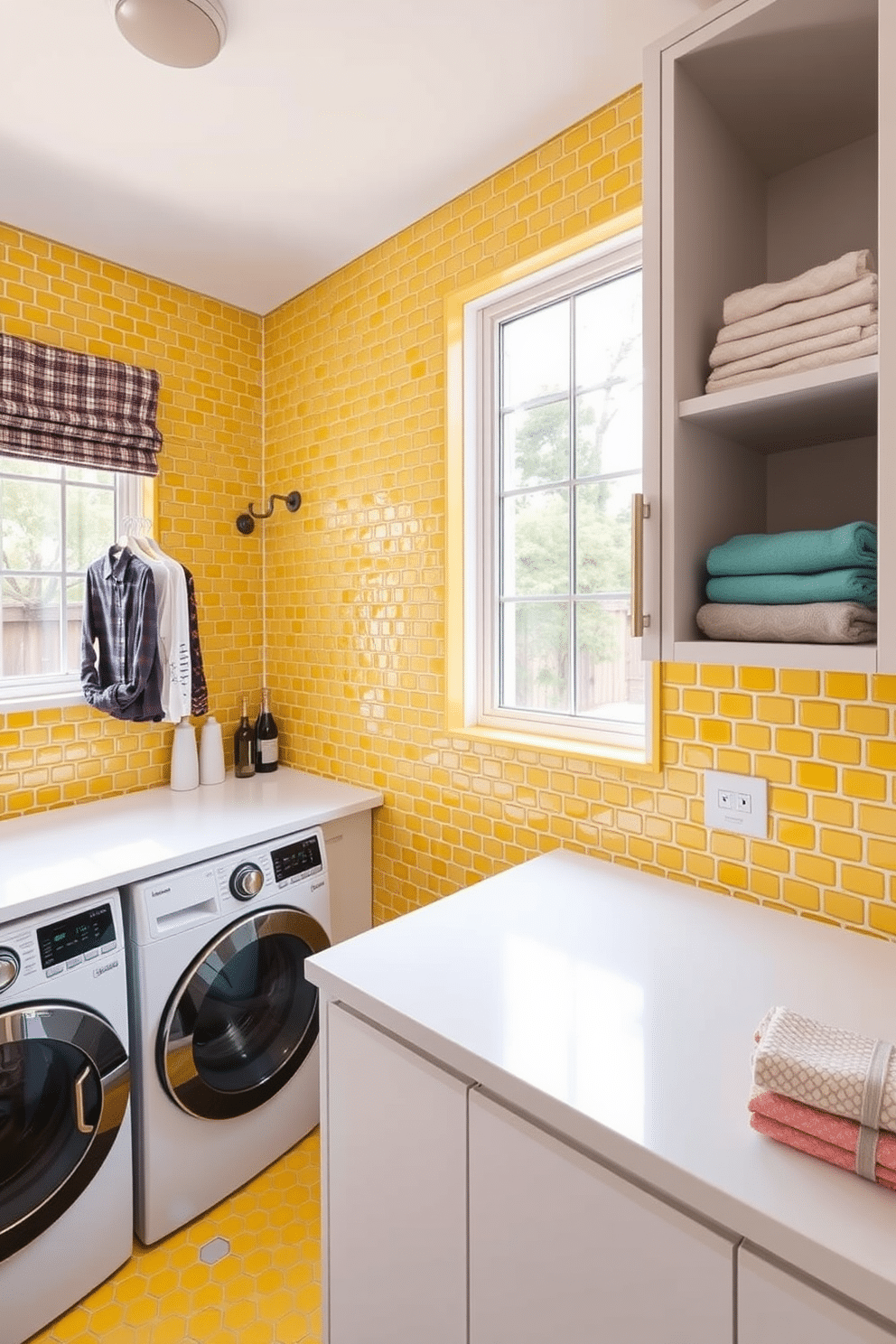 A vibrant laundry room featuring yellow mosaic tiles that add a cheerful touch to the space. The room includes a sleek white countertop for folding clothes, complemented by open shelving for easy access to laundry essentials. A modern washing machine and dryer are seamlessly integrated into the cabinetry, creating a cohesive and stylish look. A large window allows natural light to flood the room, enhancing the bright and inviting atmosphere.