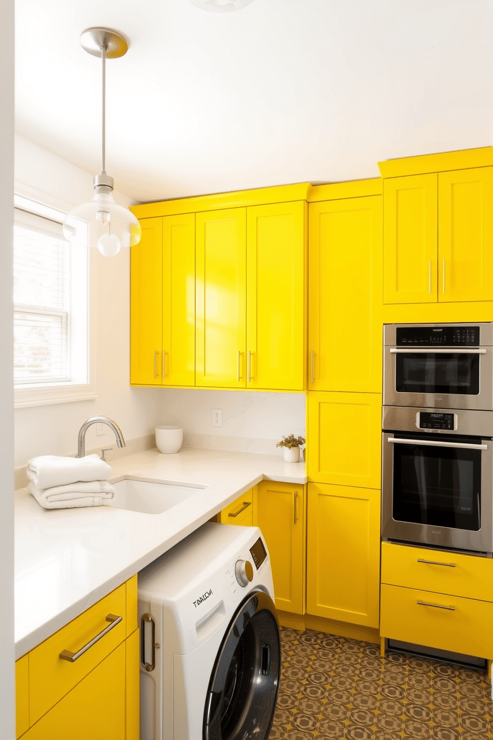 Contemporary yellow cabinetry with sleek lines creates a vibrant focal point in this laundry room. The space features a spacious countertop for folding clothes, complemented by modern appliances seamlessly integrated into the cabinetry. Bright white walls enhance the cheerful atmosphere, while stylish pendant lights provide ample illumination. A durable, patterned floor tile adds texture and interest, grounding the design with a touch of sophistication.