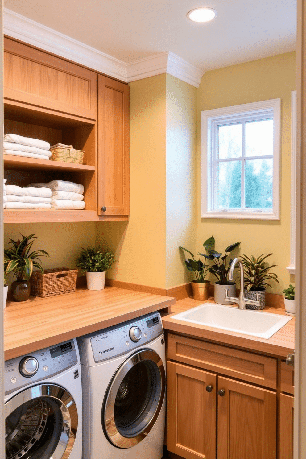 A bright and cheerful laundry room featuring soft pastel yellow walls that create a warm and inviting atmosphere. Natural wood cabinetry provides a stylish contrast, with open shelving displaying neatly folded towels and decorative baskets. The room includes a spacious countertop made of light wood, perfect for sorting and folding laundry. A vintage-style sink with a brushed nickel faucet sits adjacent, complemented by potted plants that add a touch of greenery.