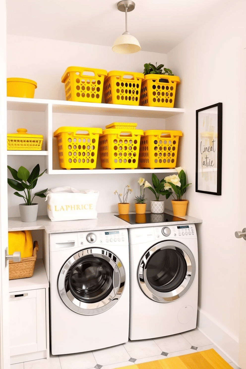 A bright and cheerful laundry room featuring yellow laundry baskets that add a pop of color to the space. The walls are painted in a soft white, creating a fresh backdrop that complements the vibrant yellow accents throughout the room. The laundry baskets are neatly arranged on open shelves, enhancing both functionality and aesthetics. A stylish countertop above the washer and dryer provides ample space for folding clothes, while decorative elements like potted plants and wall art complete the cohesive decor.