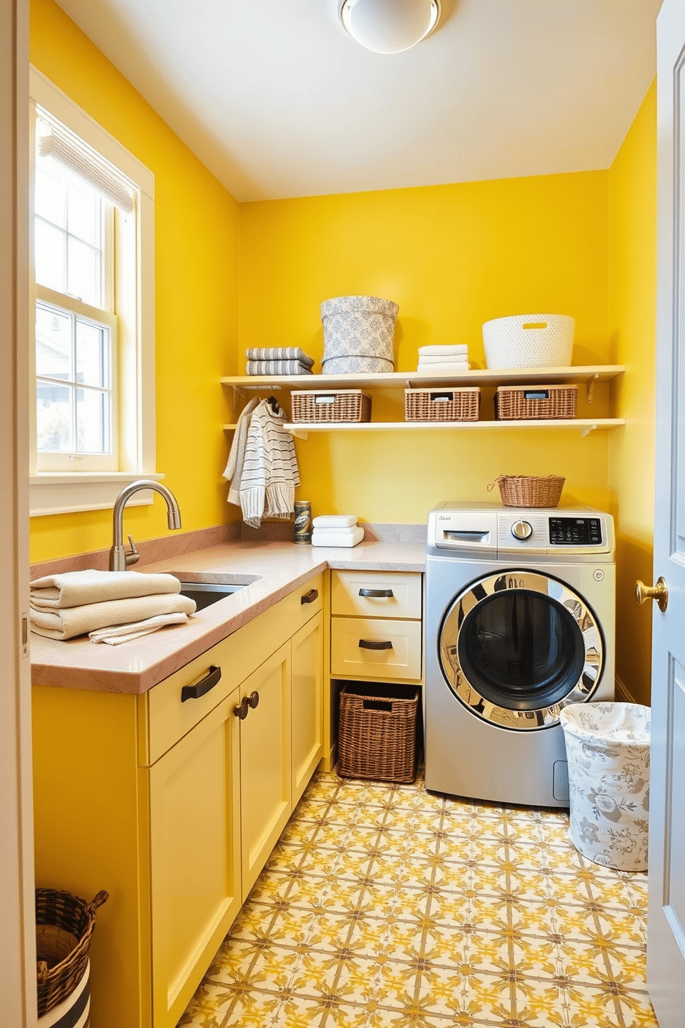 A bright and cheerful laundry room featuring sunshine yellow walls that create a warm and inviting atmosphere. The floor is adorned with patterned tiles in complementary colors, adding a playful touch to the space. The room includes a spacious countertop for folding clothes, with stylish open shelving above for easy access to laundry supplies. A sleek washer and dryer are seamlessly integrated into the design, surrounded by decorative baskets for organization.