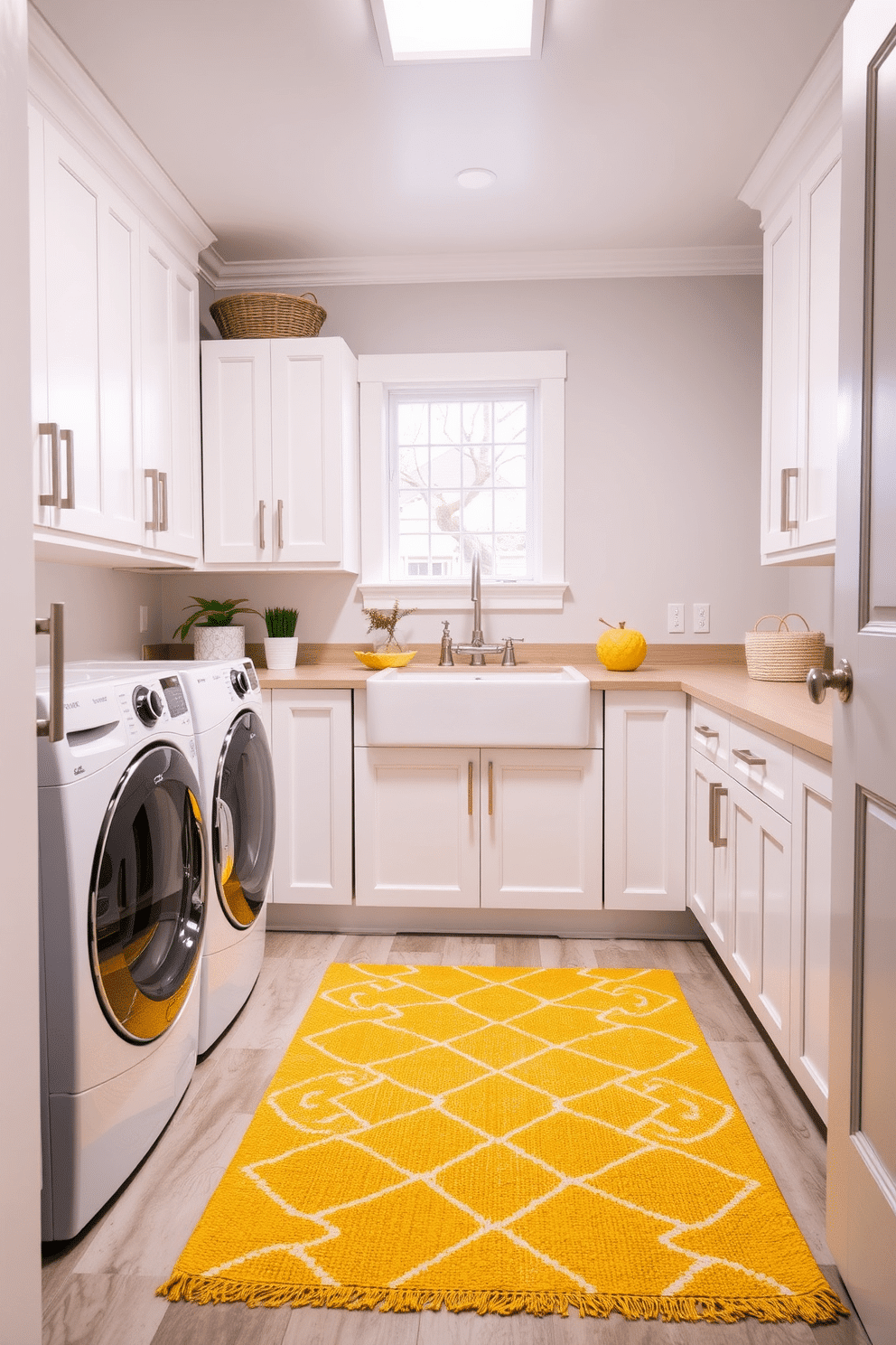 A bright yellow rug lays at the center of a cheerful laundry room, adding warmth and a pop of color to the space. The room features white cabinetry with sleek handles, complemented by a farmhouse sink and a stylish washer and dryer set, creating a functional yet inviting atmosphere. The walls are painted in a soft, light gray, providing a neutral backdrop that enhances the vibrant yellow accents. Decorative storage baskets and potted plants are strategically placed to maintain organization while adding a touch of greenery to the design.