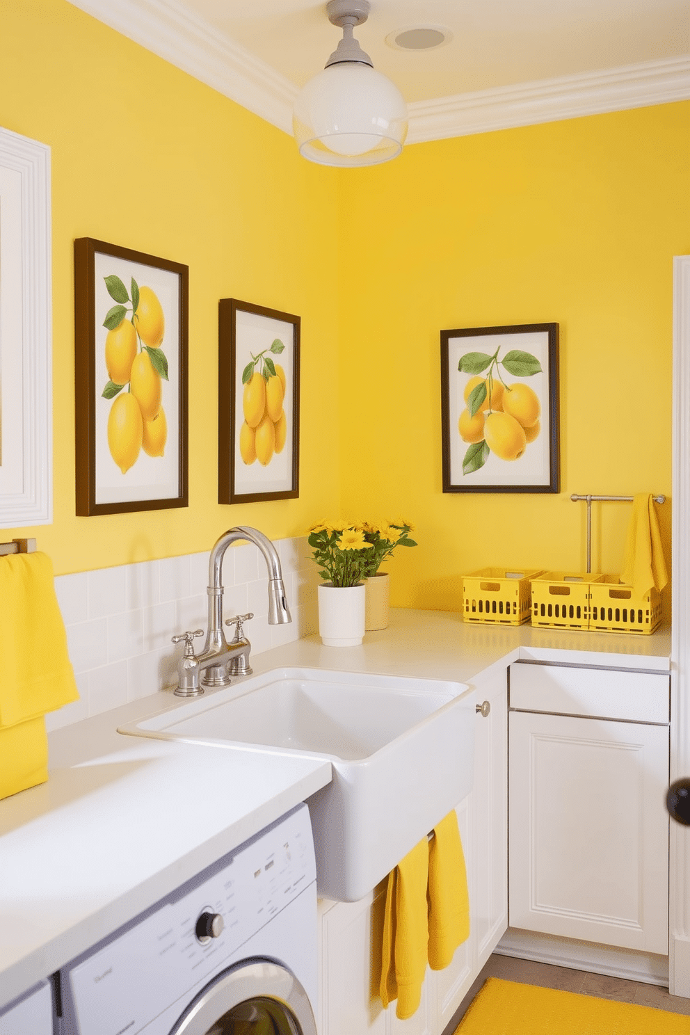 A cheerful laundry room adorned with lemon-themed decor. The walls are painted a soft yellow, and bright lemon prints are framed and hung on the walls, adding a fresh and vibrant touch. A spacious countertop features a stylish farmhouse sink with a vintage faucet. Bright yellow accessories, such as storage bins and towels, complement the decor and enhance the sunny atmosphere.