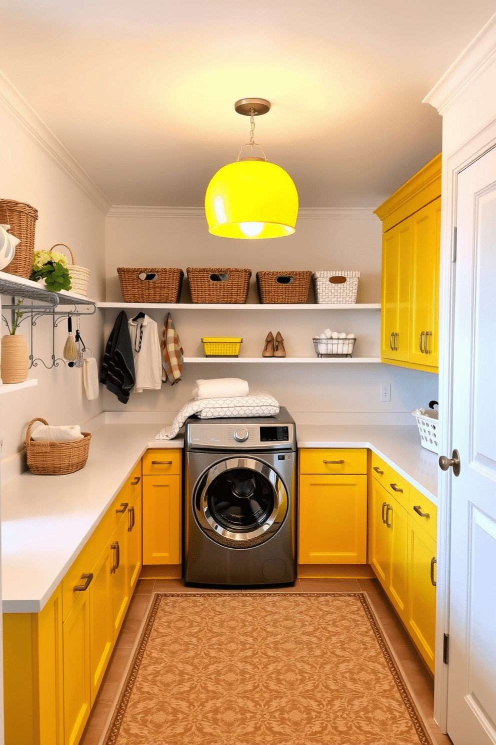 A bright and cheerful laundry room featuring yellow pendant lighting that casts a warm glow across the space. The walls are painted in a soft white, while the cabinetry is a vibrant shade of yellow, creating a lively and inviting atmosphere. The room includes a spacious countertop for folding clothes, adorned with decorative baskets for organization. A stylish washer and dryer set, paired with a patterned rug, completes the look, making laundry day a more enjoyable experience.