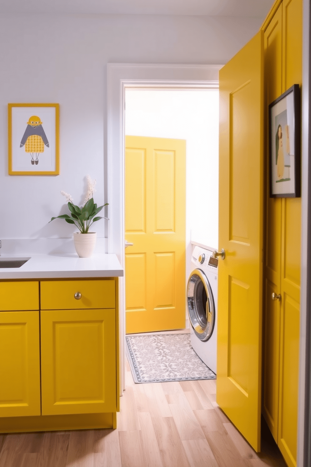 Bright yellow door for a cheerful entry. The door is framed by a white trim, and a small potted plant sits on either side, adding a touch of greenery. Yellow laundry room design ideas. The space features bright yellow cabinets paired with white countertops, and a stylish washer and dryer set is neatly tucked away, complemented by cheerful wall art.