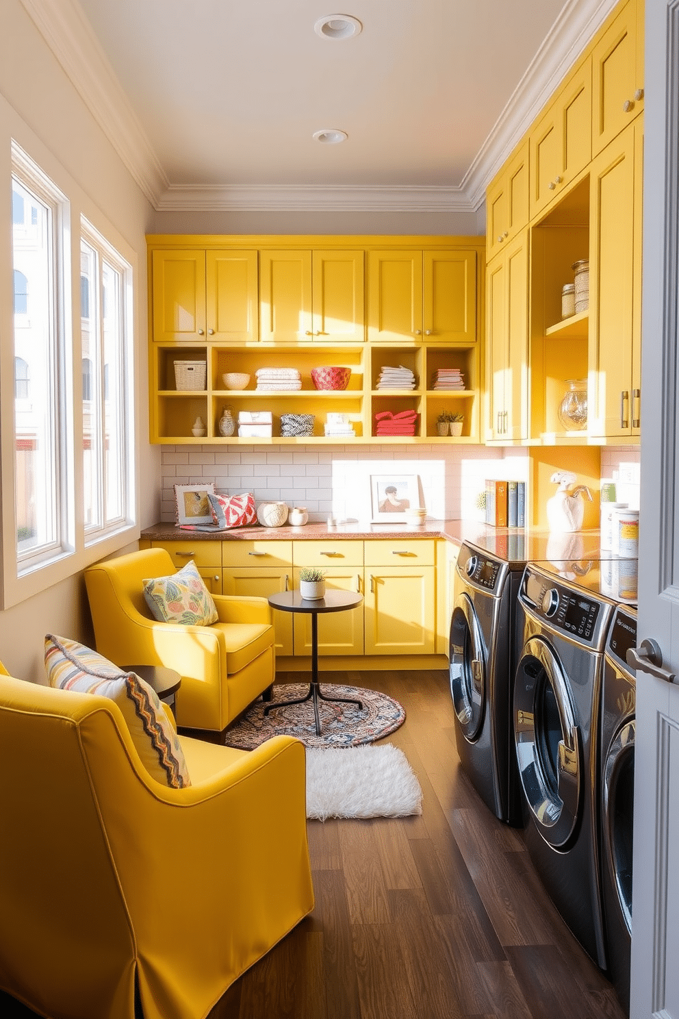 A cozy nook featuring yellow accent chairs, surrounded by soft natural light streaming through large windows. The space is adorned with a small round table, a plush area rug, and a collection of colorful cushions that invite relaxation. A bright and cheerful laundry room designed with yellow cabinetry and open shelving for easy access to supplies. The room includes a spacious countertop for folding clothes, a stylish washer and dryer set, and playful wall art that adds a touch of personality.