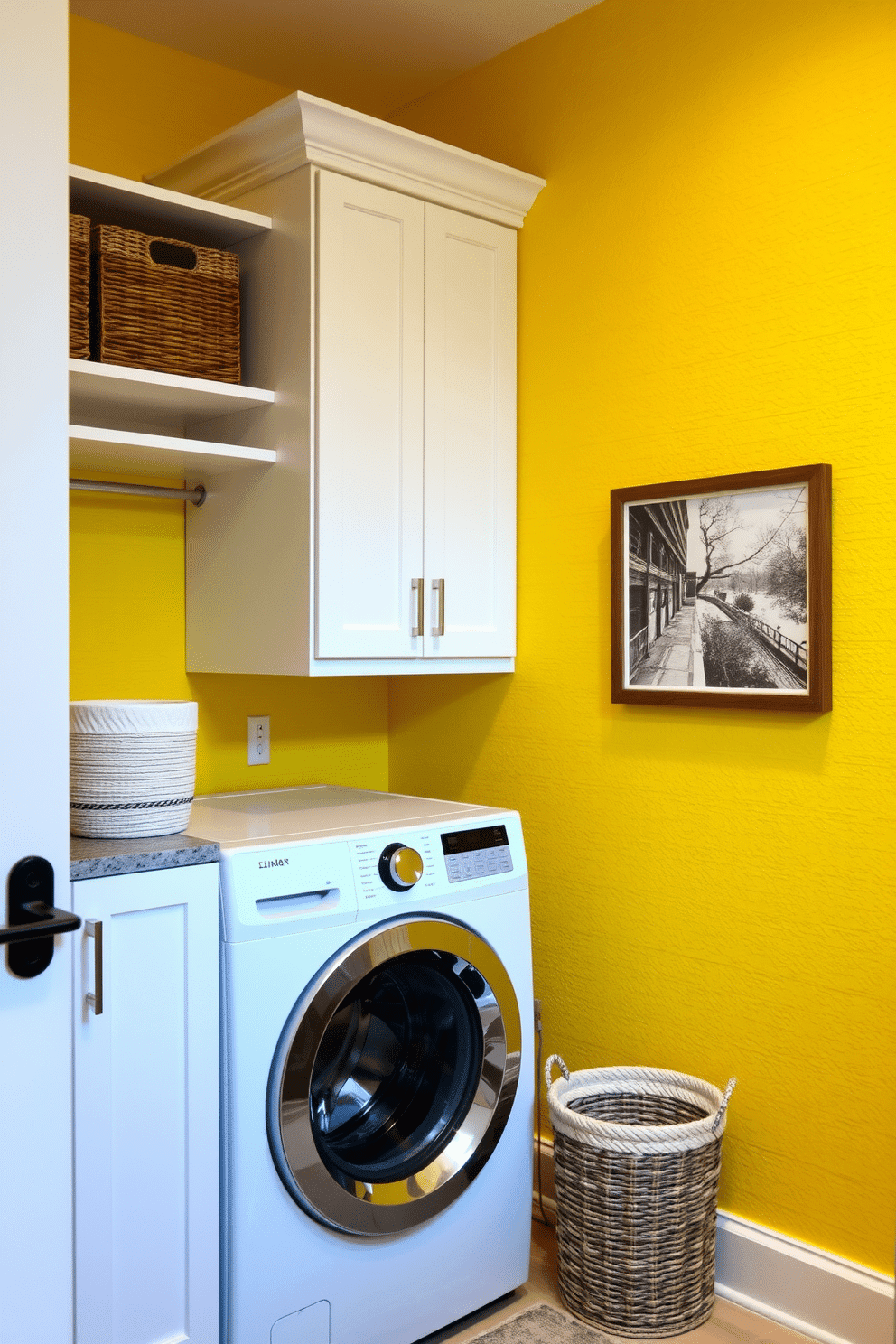 Textured yellow wall paneling creates a warm and inviting atmosphere, adding depth and character to the laundry room. The space features sleek white cabinetry and a modern washer and dryer, complemented by decorative baskets for organization.