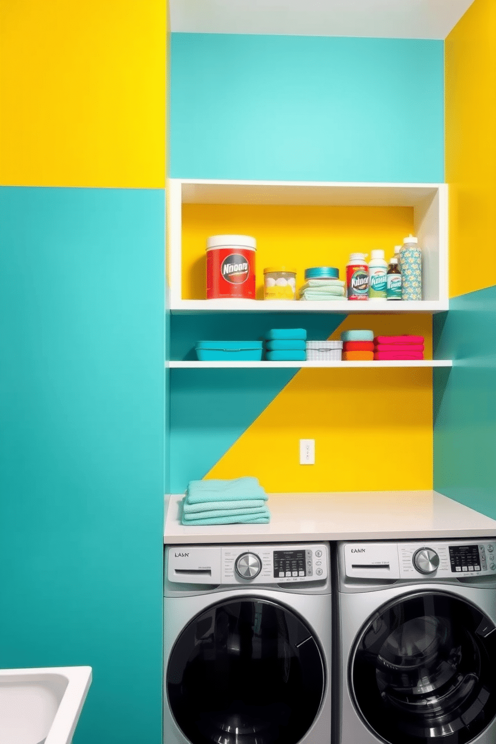 A bright and cheerful laundry room featuring a yellow and teal color block design. The walls are painted in alternating yellow and teal panels, creating a vibrant and playful atmosphere. In the center, a modern washer and dryer are paired with a sleek white countertop for folding clothes. Open shelving above displays neatly organized laundry supplies in coordinating colors, adding both functionality and style.