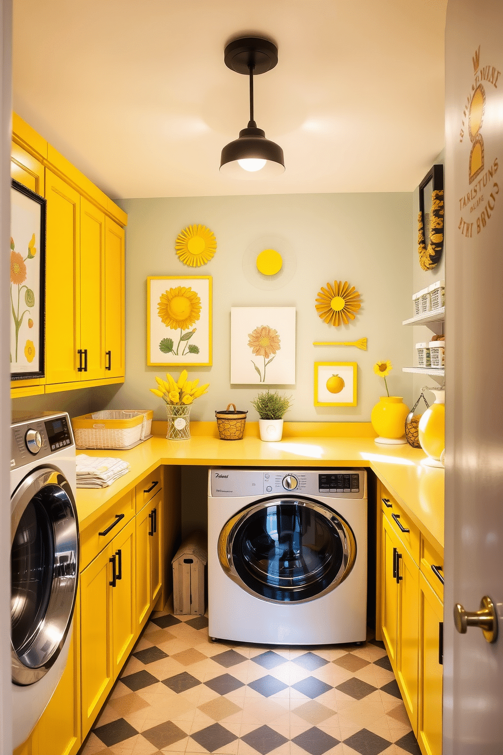 A whimsical laundry room filled with vibrant yellow art pieces adorning the walls creates a cheerful atmosphere. The space features bright cabinetry, a spacious countertop for folding, and playful decor that enhances the lively vibe.