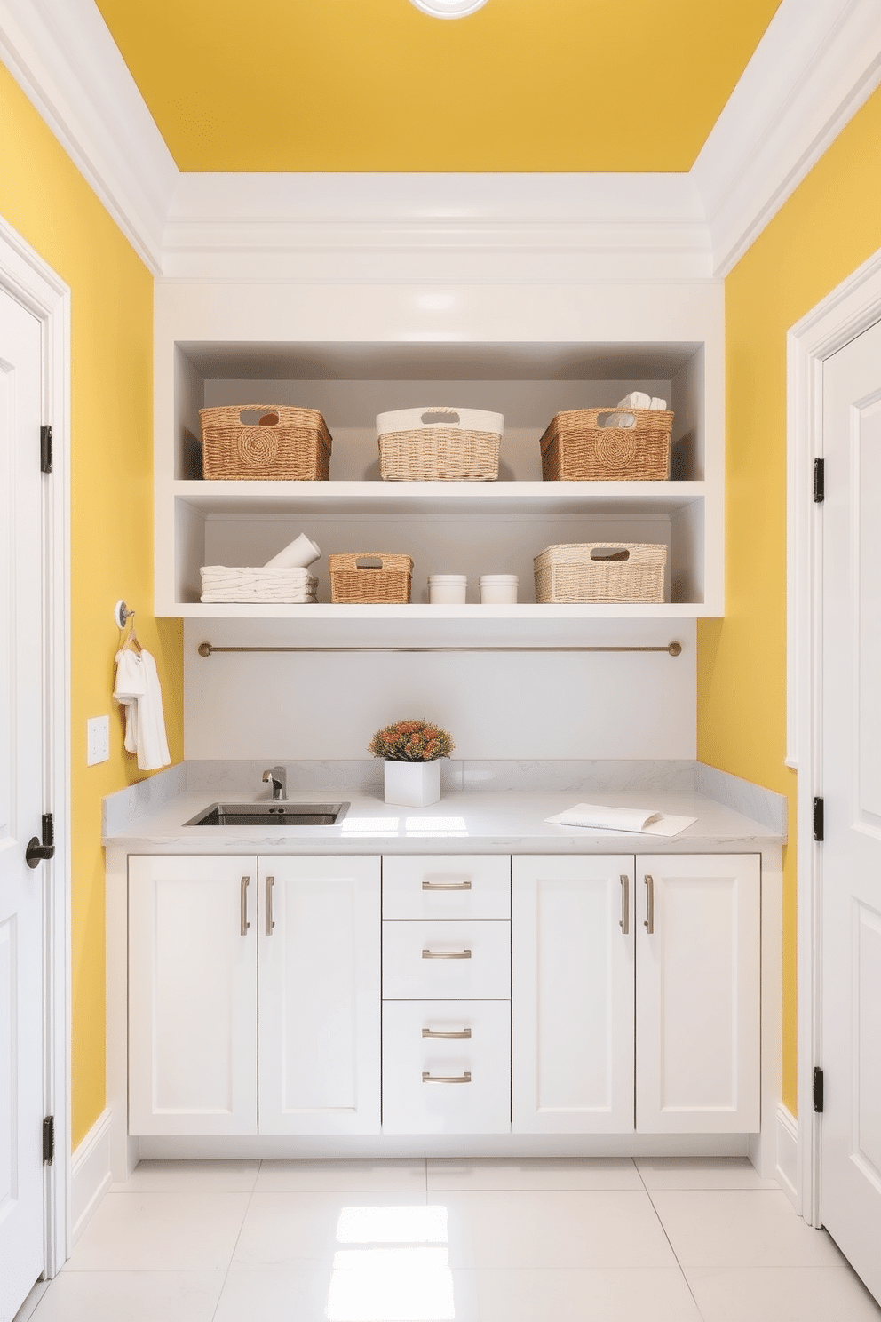 A bright and cheerful laundry room featuring a yellow ceiling that adds a vibrant touch to the space. The walls are painted in a soft white, creating a fresh contrast with the ceiling and enhancing the overall brightness. In the center, there is a spacious countertop made of quartz, perfect for folding clothes. Below the countertop, sleek white cabinets provide ample storage, while open shelves above display neatly organized laundry essentials and decorative baskets.