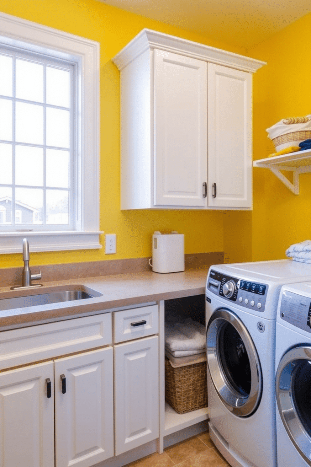 A bright and functional yellow laundry room features a folding station with ample storage underneath. The walls are painted a cheerful yellow, complemented by white cabinetry and a large window that allows natural light to flood the space.