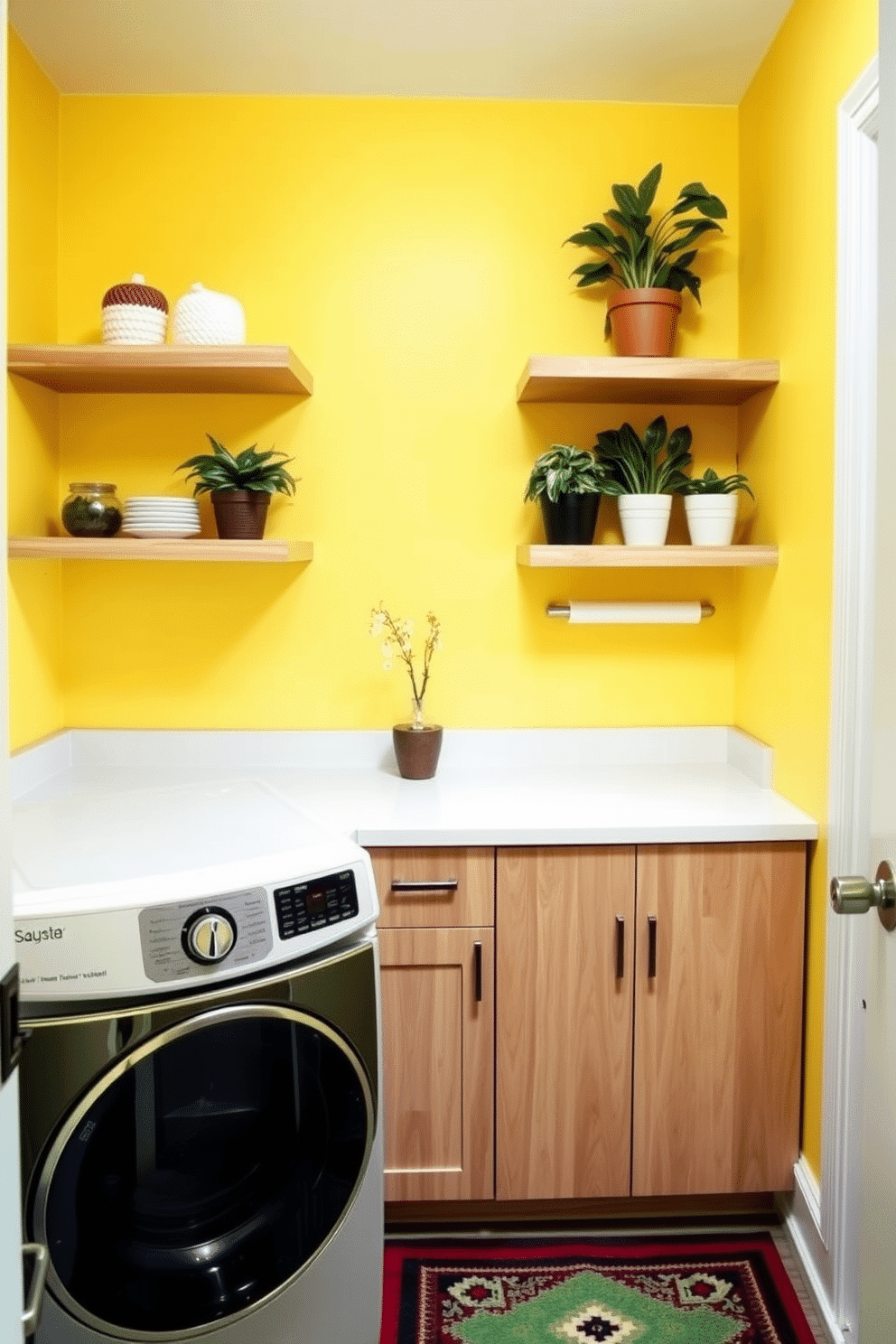 A bright and cheerful laundry room features a yellow accent wall that instantly lifts the mood. Floating shelves in a light wood finish are mounted above a sleek countertop, providing ample space for storage and decorative items. The room is equipped with modern appliances, including a front-loading washer and dryer, seamlessly integrated into the cabinetry. A stylish rug in complementary colors adds warmth and comfort underfoot, while potted plants on the shelves bring a touch of nature indoors.