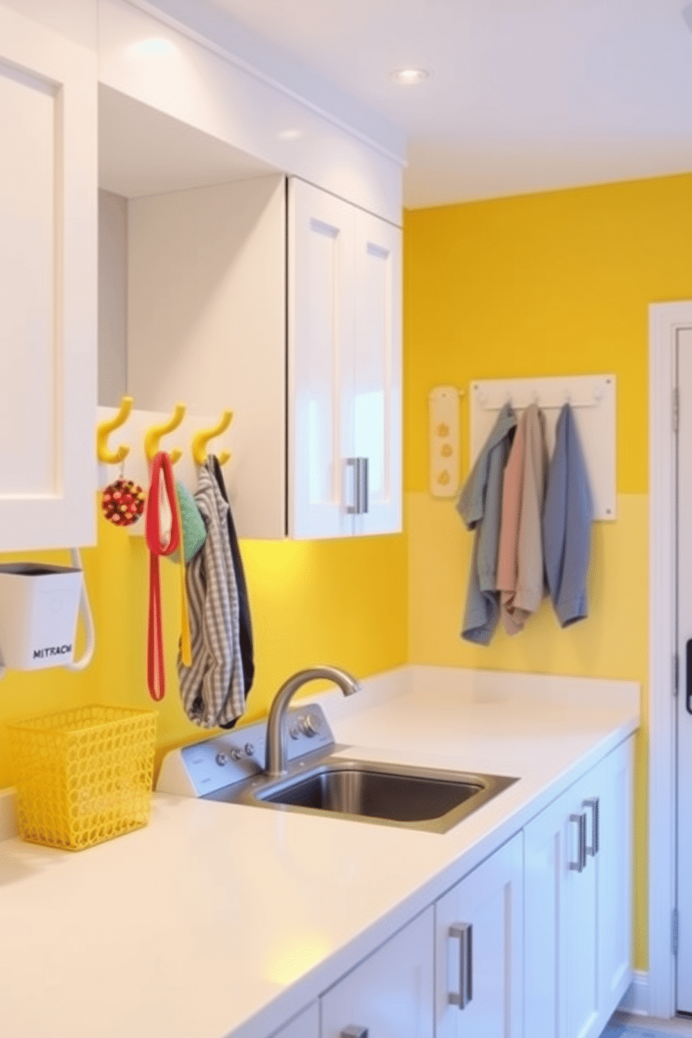 A bright and cheerful laundry room features vibrant yellow hooks mounted on the wall for hanging clothes and accessories. The space is designed with sleek white cabinetry and a spacious countertop, complemented by a playful yellow accent wall that enhances the overall brightness.