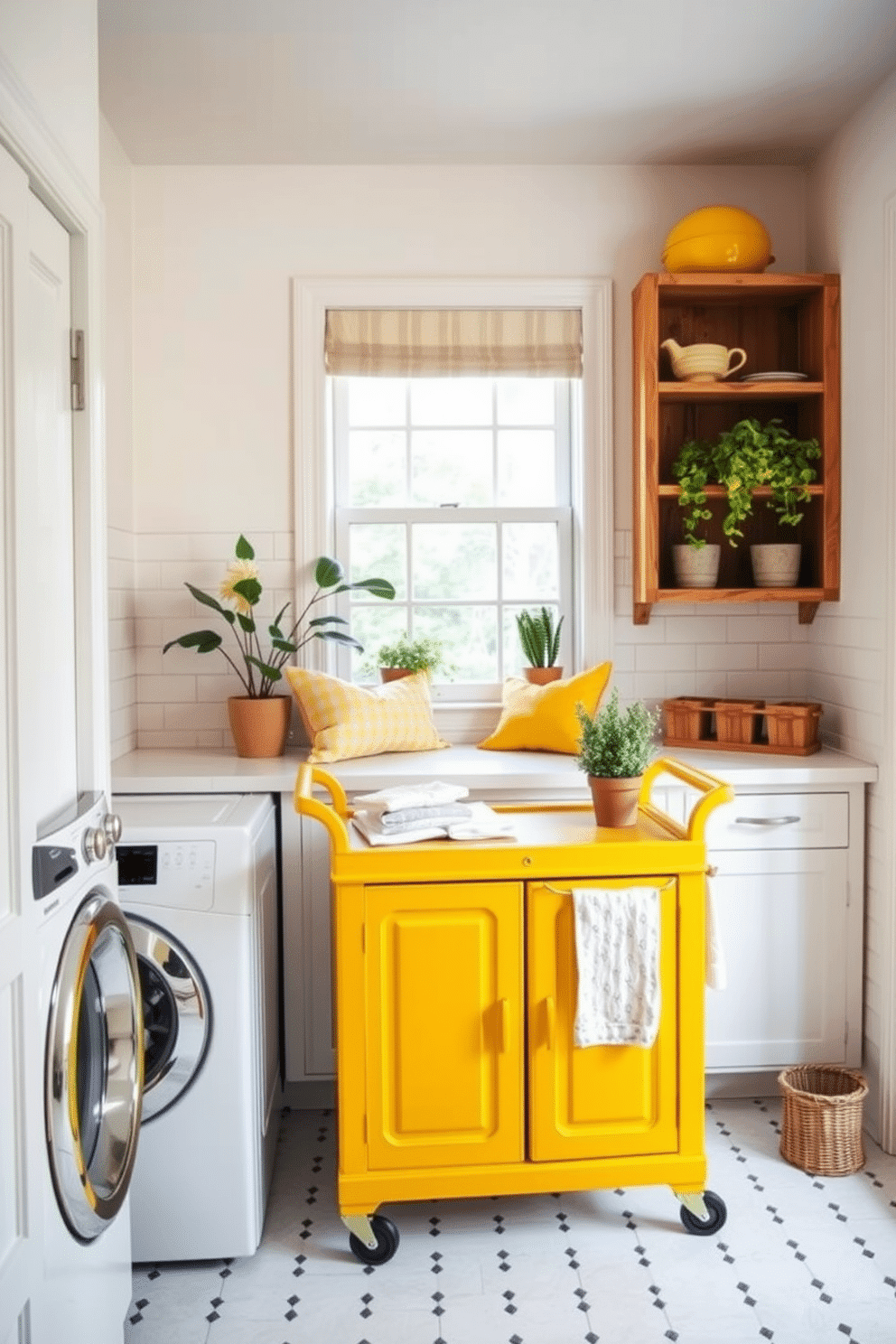 A vintage yellow laundry cart adds a charming touch to the space, creating a warm and inviting atmosphere. The room features soft white walls and a patterned backsplash, complemented by rustic wooden shelving for storage. Bright yellow accents pop against the neutral tones, enhancing the cheerful vibe of the laundry area. A cozy nook with a window seat invites relaxation, while potted plants bring a touch of nature indoors.