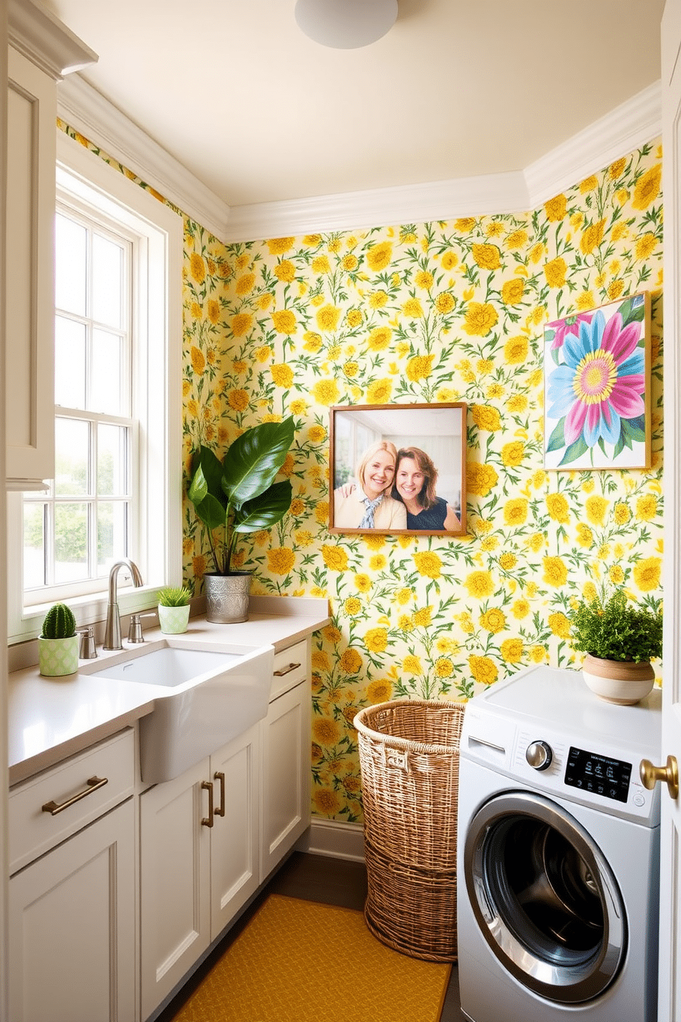 A cheerful laundry room adorned with bright yellow floral wallpaper, creating a vibrant and uplifting atmosphere. The space features white cabinetry and a sleek countertop, complemented by a farmhouse sink and stylish laundry baskets. Natural light floods the room through a large window, enhancing the cheerful ambiance. Decorative touches include potted plants and colorful artwork that reflect the joyful theme.