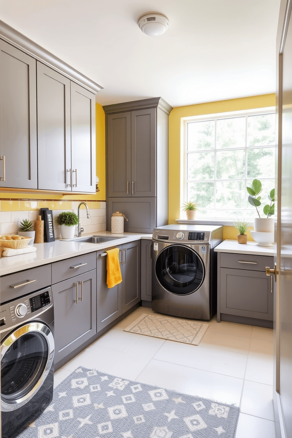 A bright yellow laundry room features sleek gray cabinetry and a spacious countertop for folding clothes. The walls are painted a soft yellow, while gray accents include a stylish backsplash and modern appliances. Natural light floods the space through a large window, illuminating the cheerful design. Decorative elements like a patterned rug and potted plants bring warmth and personality to the room.