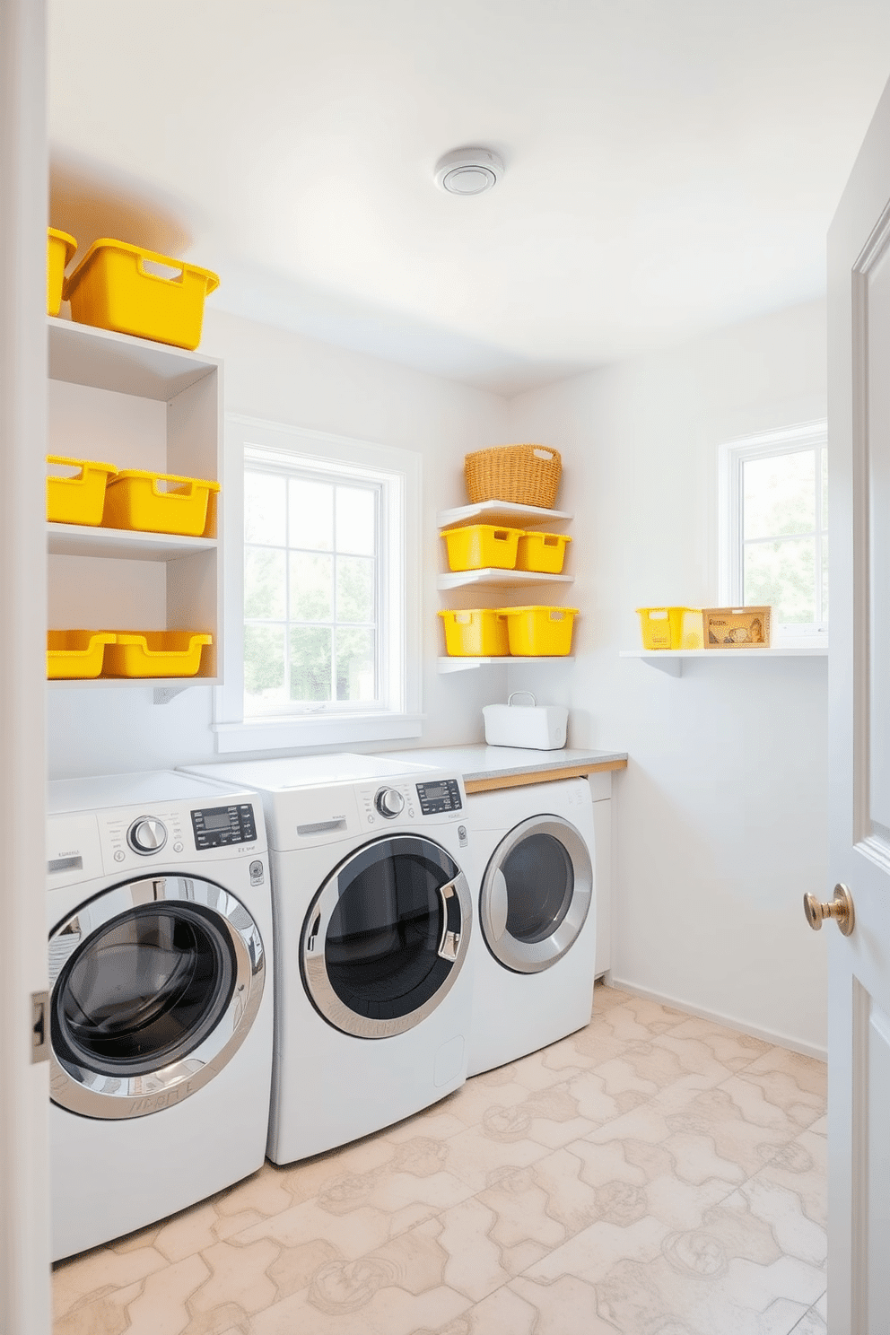 A bright and cheerful laundry room features open shelving adorned with vibrant yellow storage bins, creating a playful yet organized space. The walls are painted in a soft white, contrasting beautifully with the sunny yellow accents, while a large window allows natural light to flood the room.