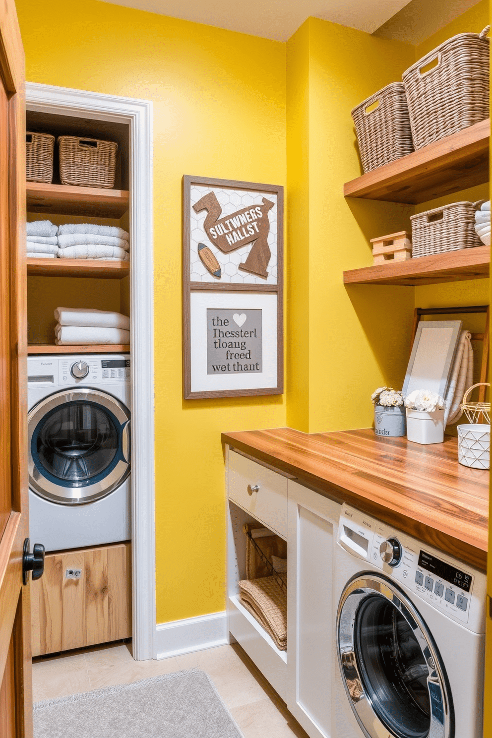 A cheerful laundry room featuring yellow walls that brighten the space, complemented by rustic wood accents throughout. A wooden countertop holds a stylish washing machine and dryer, while open shelving displays neatly folded linens and decorative baskets.