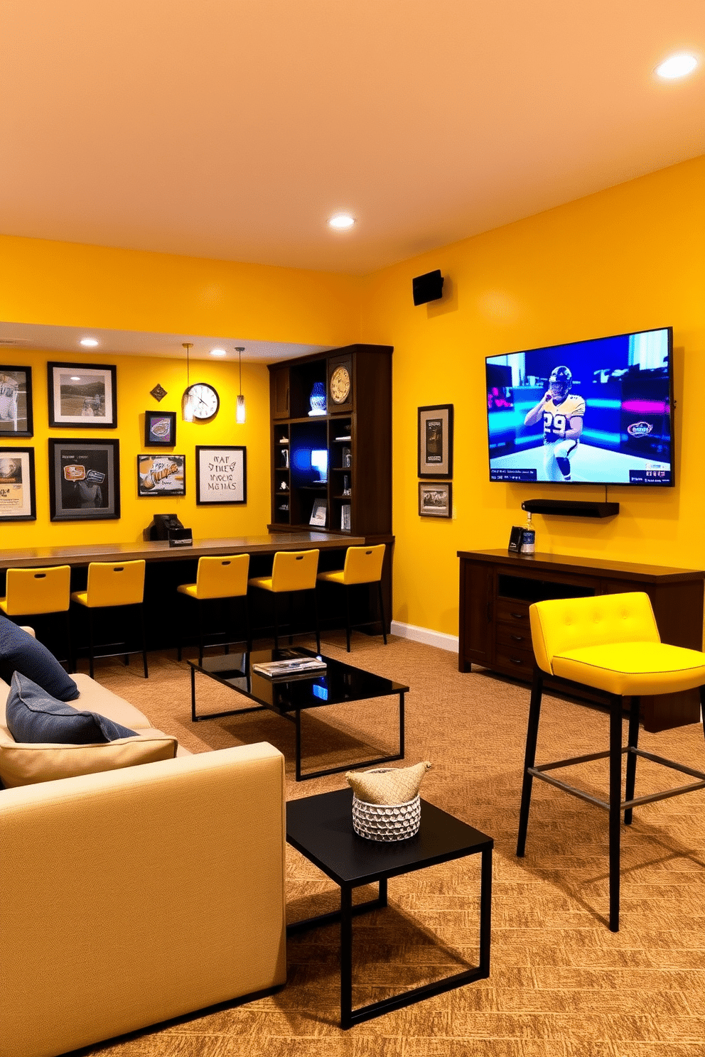 A vibrant man cave with yellow accent walls that exude energy and warmth. The space features a plush sectional sofa in a neutral tone, paired with a sleek coffee table and a large flat-screen TV mounted on the opposite wall. In one corner, a stylish bar area showcases yellow bar stools and a custom-built wooden bar. The room is adorned with framed sports memorabilia and ambient lighting to create a cozy yet lively atmosphere.