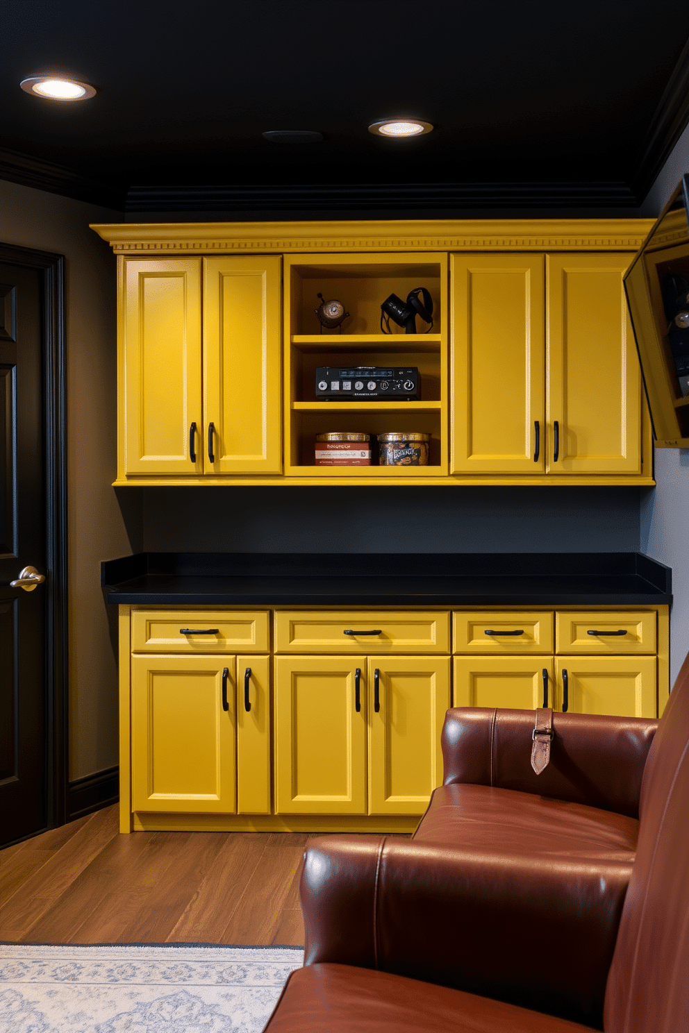 A stylish man cave featuring custom yellow cabinetry that provides ample storage solutions. The cabinetry is paired with a sleek, dark countertop and accented by comfortable seating in rich leather tones.