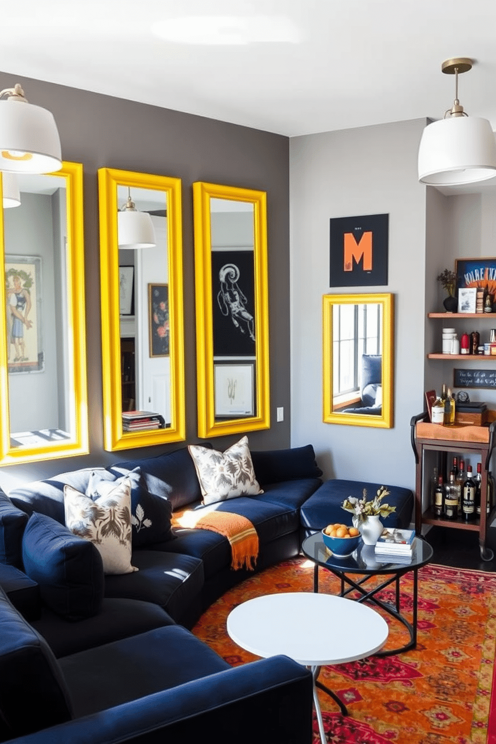 A stylish man cave featuring yellow-framed mirrors that reflect natural light, creating a bright and inviting atmosphere. The space is furnished with a plush sectional sofa in a deep navy color, complemented by a sleek coffee table and a rustic wooden bar cart. The walls are adorned with bold artwork and shelves displaying memorabilia, enhancing the personal touch of the room. Soft ambient lighting fixtures add warmth, while a vibrant area rug anchors the seating area, making it the perfect spot for relaxation and entertainment.