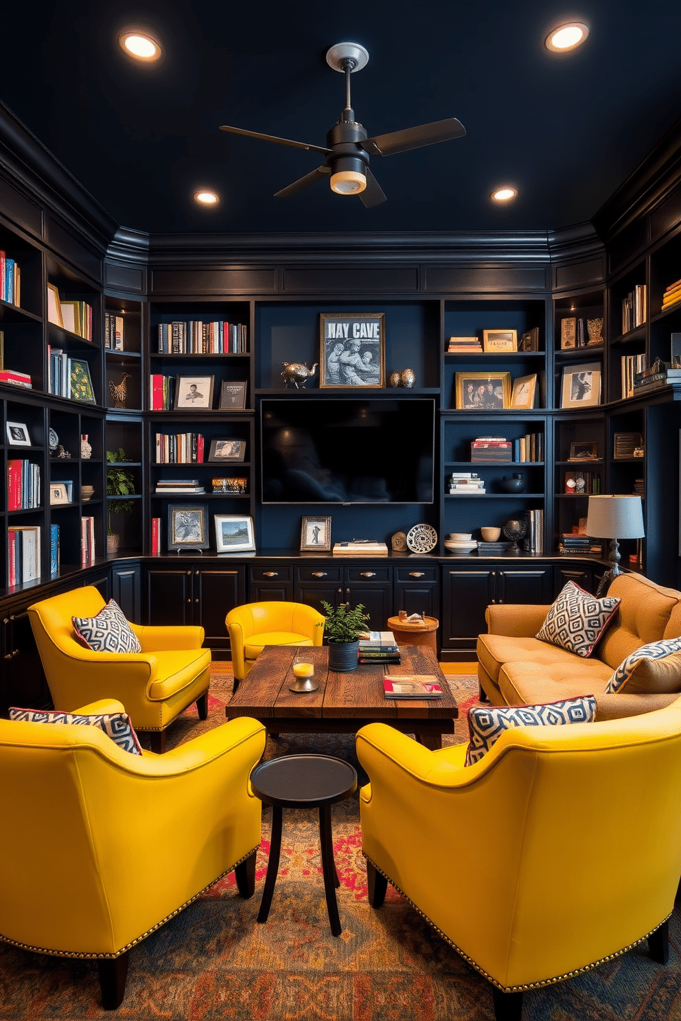 A vibrant man cave designed for relaxation and entertainment. The space features yellow accent chairs that add a playful touch, surrounded by dark wood shelving filled with books and collectibles. The walls are painted in a deep navy blue, creating a cozy atmosphere. A large sectional sofa complements the chairs, and a rustic coffee table sits at the center, perfect for gatherings.