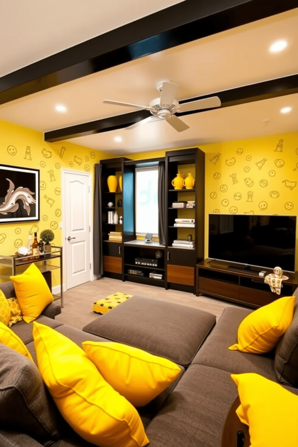 A vibrant man cave designed for relaxation and entertainment. The walls are adorned with playful yellow wall decals, creating a cheerful atmosphere that invites fun and creativity. The space features a large sectional sofa in a deep gray fabric, complemented by bright yellow throw pillows. A sleek entertainment center holds a large flat-screen TV, while a stylish bar cart stocked with drinks adds to the inviting ambiance.