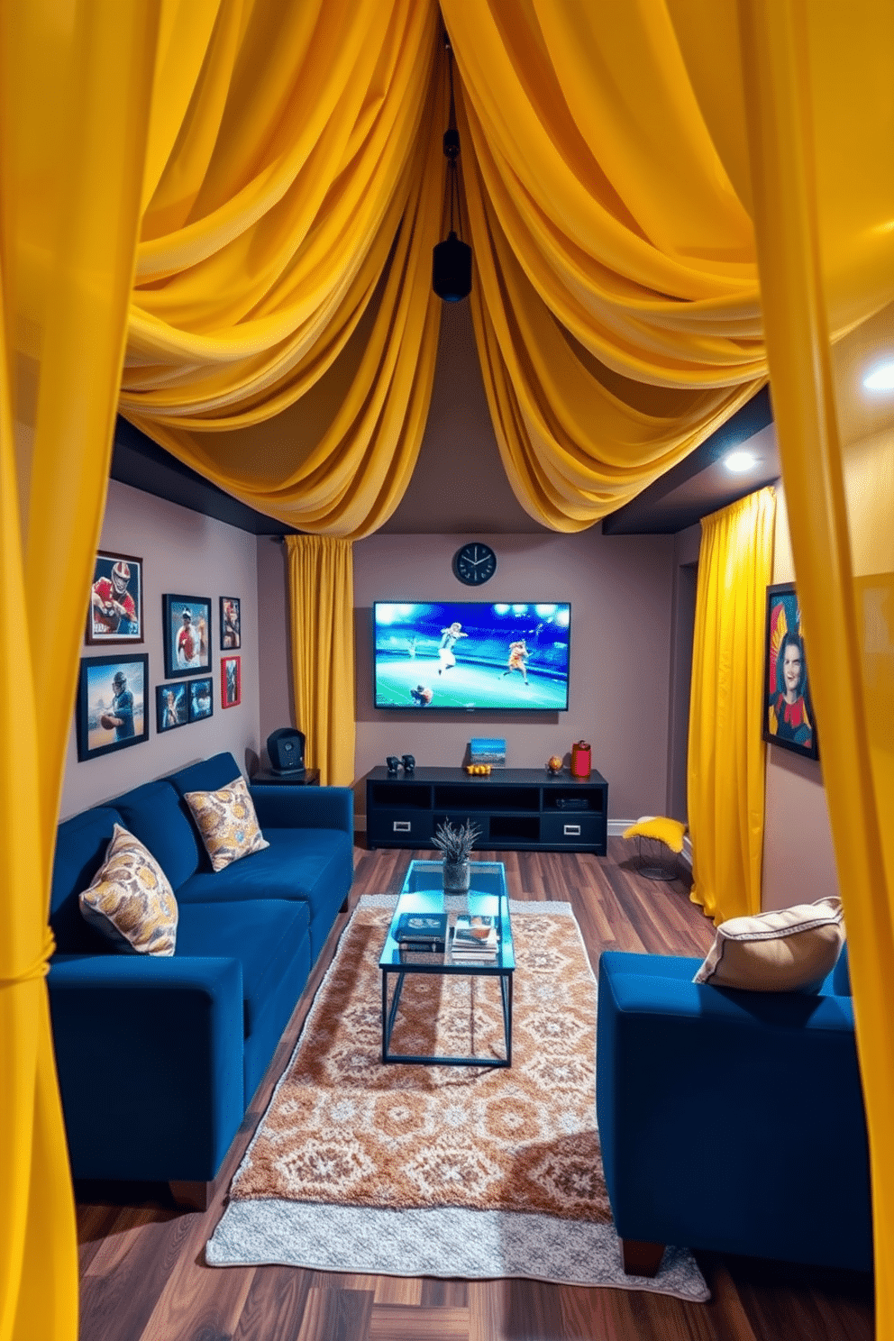 A bright and inviting man cave featuring bright yellow curtains that cascade elegantly from the ceiling, creating a cheerful ambiance. The space is furnished with a plush navy sectional sofa, complemented by a sleek coffee table and a large flat-screen TV mounted on the wall. The walls are adorned with framed sports memorabilia and vibrant artwork, enhancing the lively atmosphere. A cozy area rug anchors the seating arrangement, while ambient lighting adds warmth to the overall design.