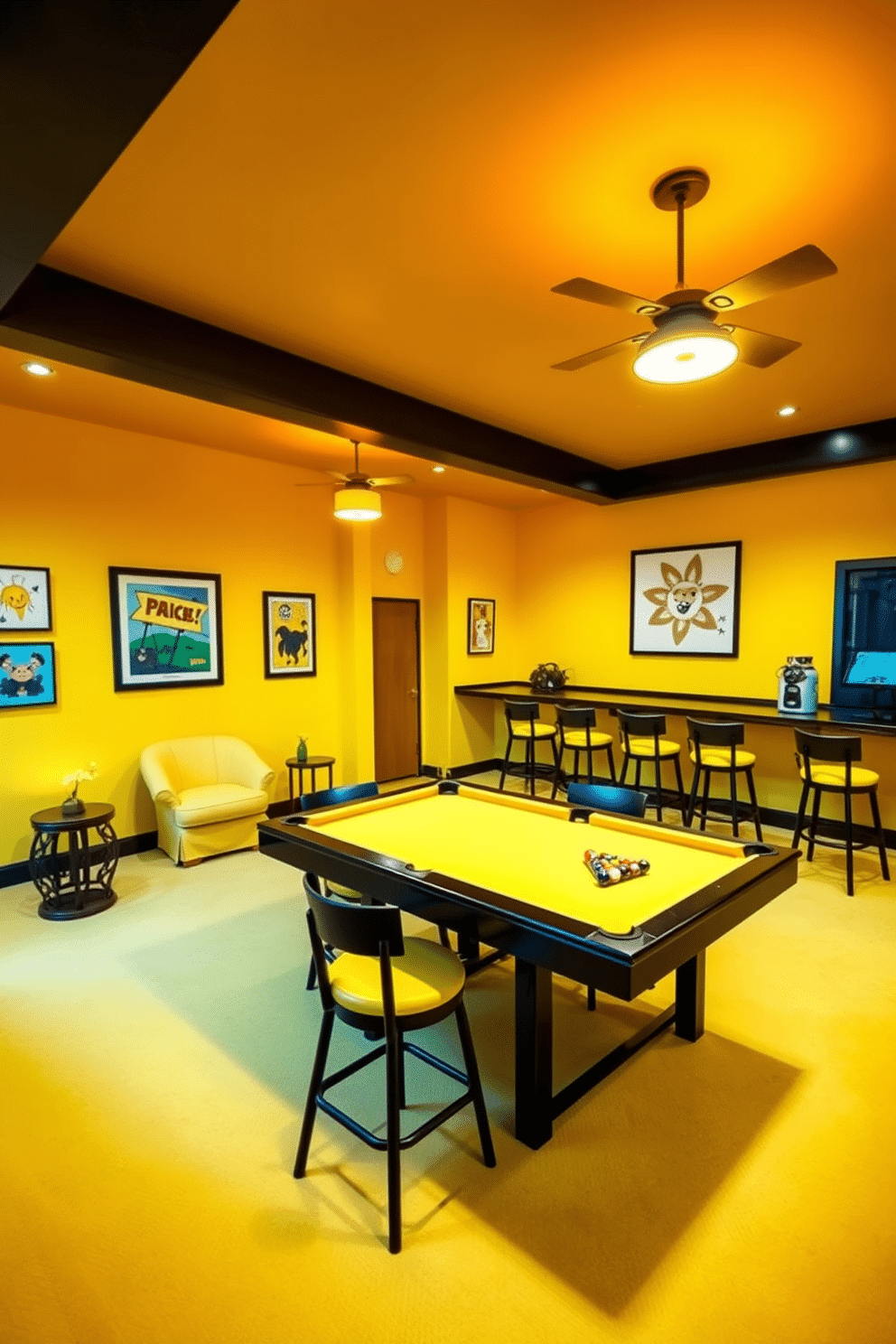 A vibrant game room featuring yellow-themed tables designed for entertainment. The walls are painted a cheerful shade of yellow, complemented by playful artwork and comfortable seating arrangements. In the center, a large pool table with a bright yellow felt surface invites friendly competition. Surrounding the table, bar stools in coordinating yellow and black provide seating for spectators and players alike. A cozy corner showcases a yellow accent chair paired with a small side table, perfect for relaxing between games. Soft lighting fixtures in warm tones enhance the inviting atmosphere of this man cave retreat.