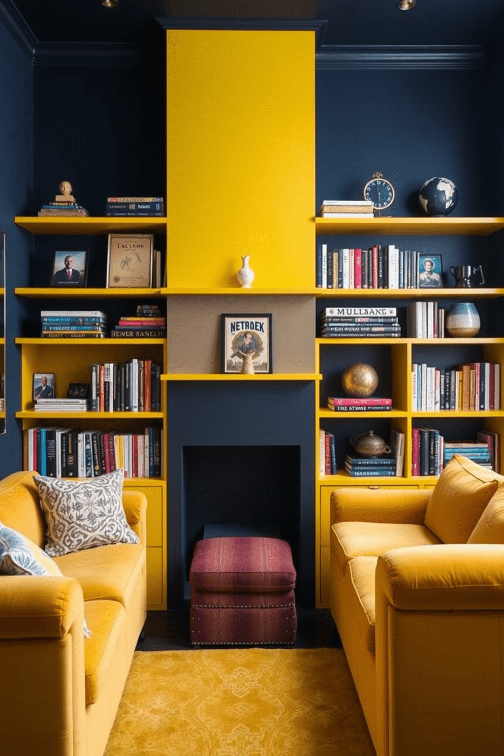 A vibrant man cave featuring yellow shelving units that display an eclectic mix of books and decorative items. The walls are painted a deep navy blue, creating a striking contrast with the bright yellow shelves, while plush seating arrangements provide a cozy atmosphere for relaxation and entertainment.