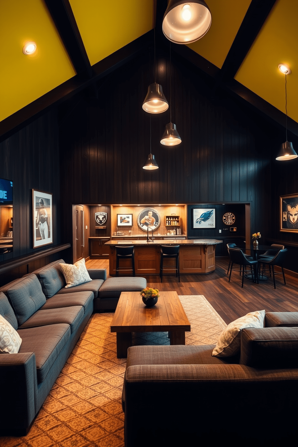 A striking man cave designed with a lemon yellow ceiling that adds a vibrant twist. The walls are adorned with dark wood paneling, creating a cozy yet modern atmosphere. The space features a plush sectional sofa in a deep gray fabric, complemented by a rustic coffee table made from reclaimed wood. Ambient lighting fixtures hang from the ceiling, casting a warm glow over the room. In one corner, a sleek bar area is equipped with high stools and a polished countertop, perfect for entertaining guests. Sports memorabilia and framed artwork decorate the walls, enhancing the personal touch of the space.