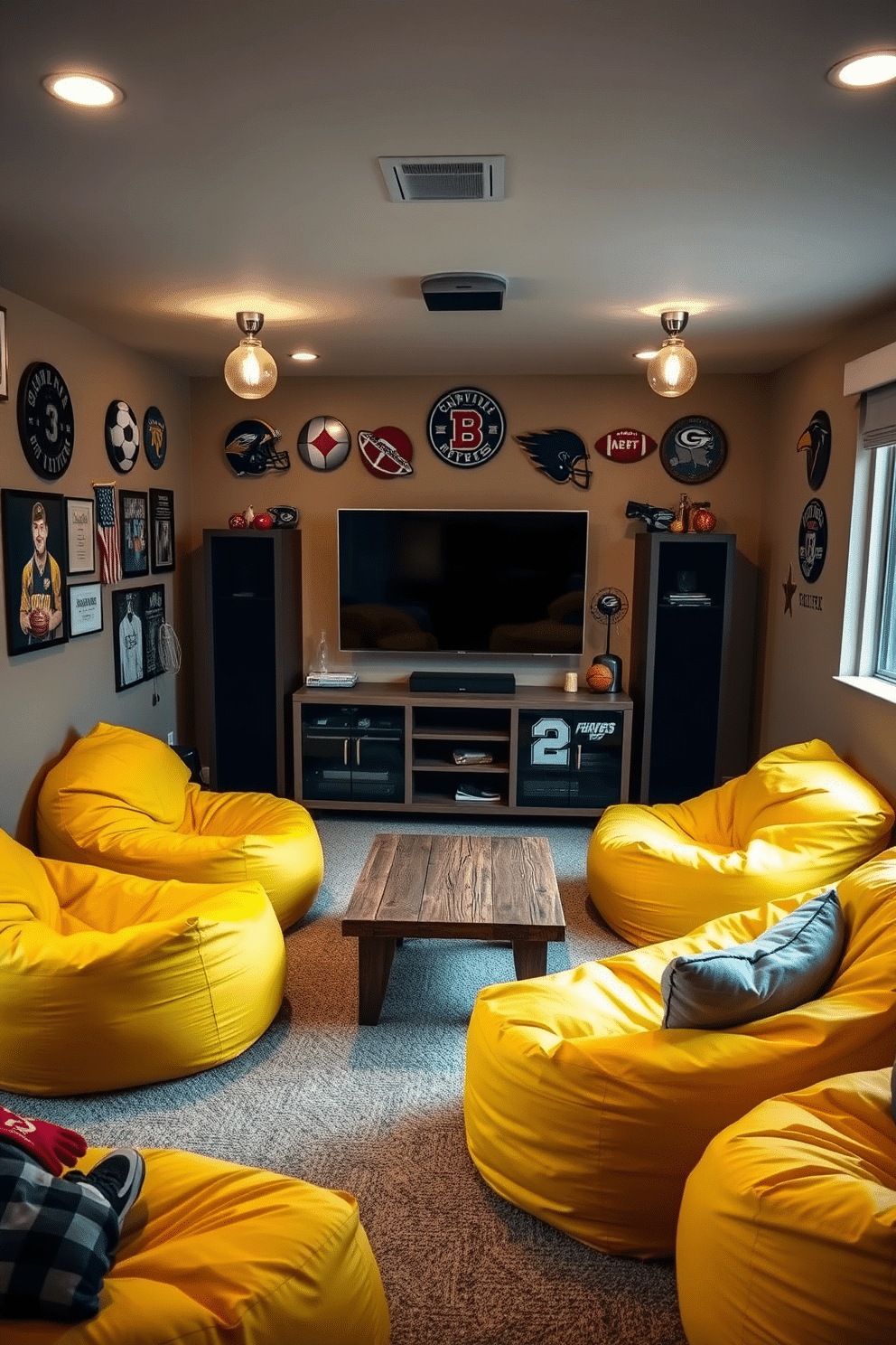 A cozy man cave featuring yellow bean bags scattered around the room, creating a relaxed and inviting atmosphere. The walls are adorned with sports memorabilia, and a large flat-screen TV is mounted above a sleek entertainment center. In one corner, a small coffee table made of reclaimed wood complements the vibrant yellow bean bags. Soft lighting fixtures hang from the ceiling, casting a warm glow over the space, perfect for casual gatherings and movie nights.